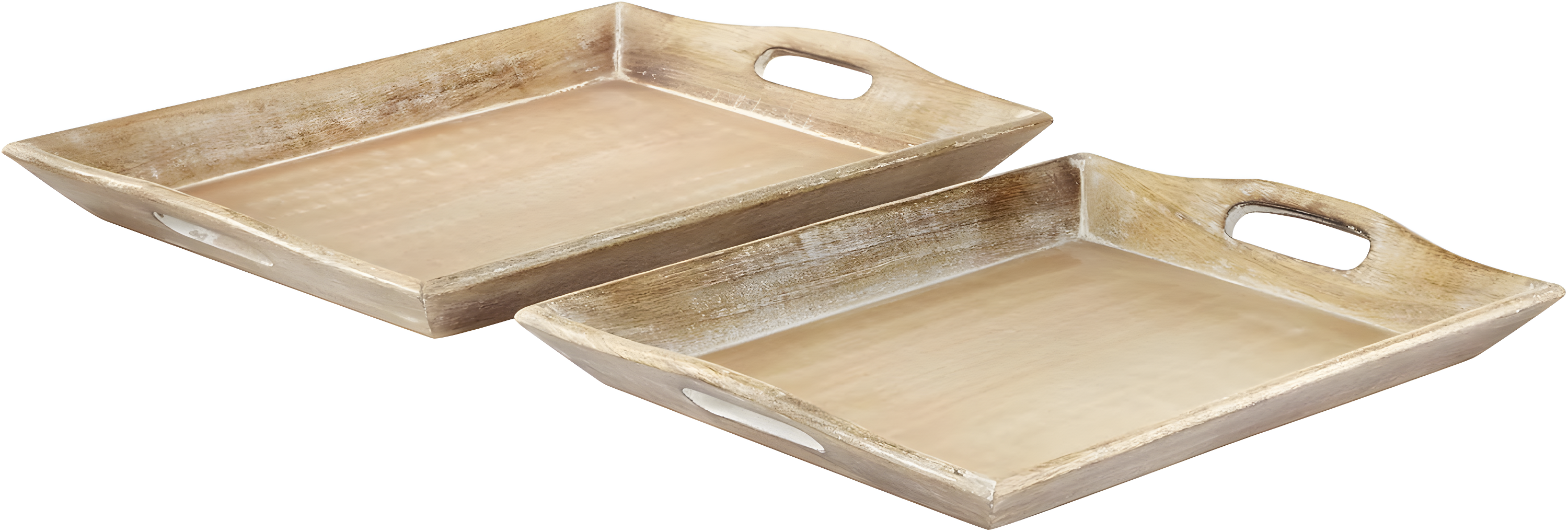 Olivia & May Set of 2 Traditional Whitewashed Natural Mango Wood Serving Trays Brown: Ottoman Style, with Handles