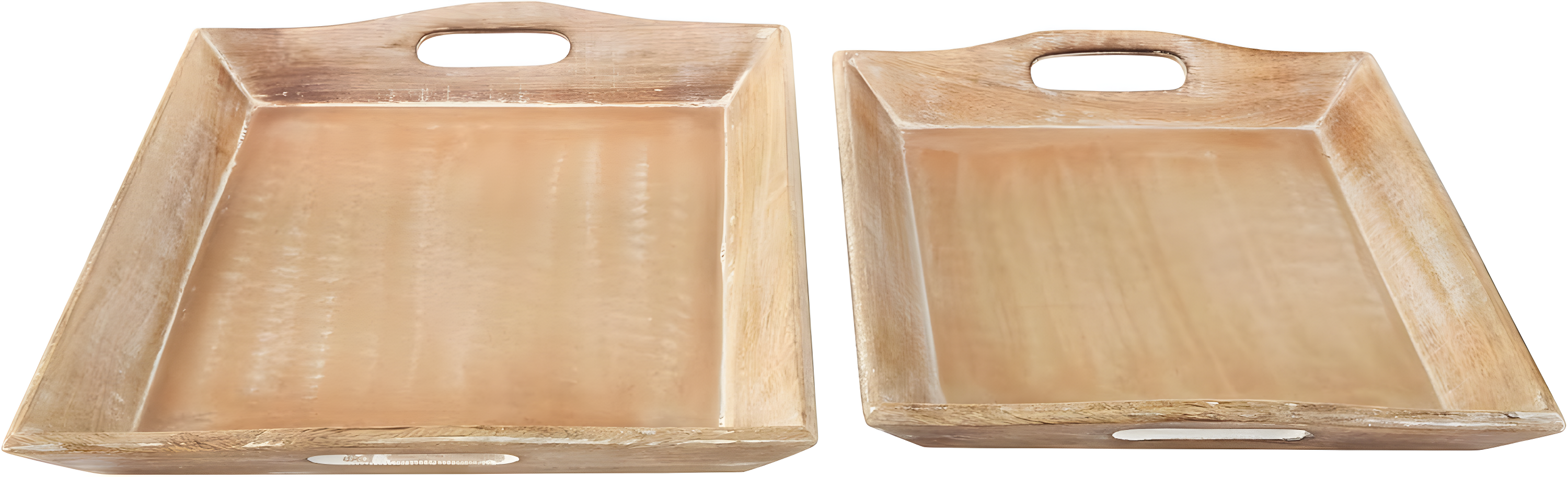 Olivia & May Set of 2 Traditional Whitewashed Natural Mango Wood Serving Trays Brown: Ottoman Style, with Handles