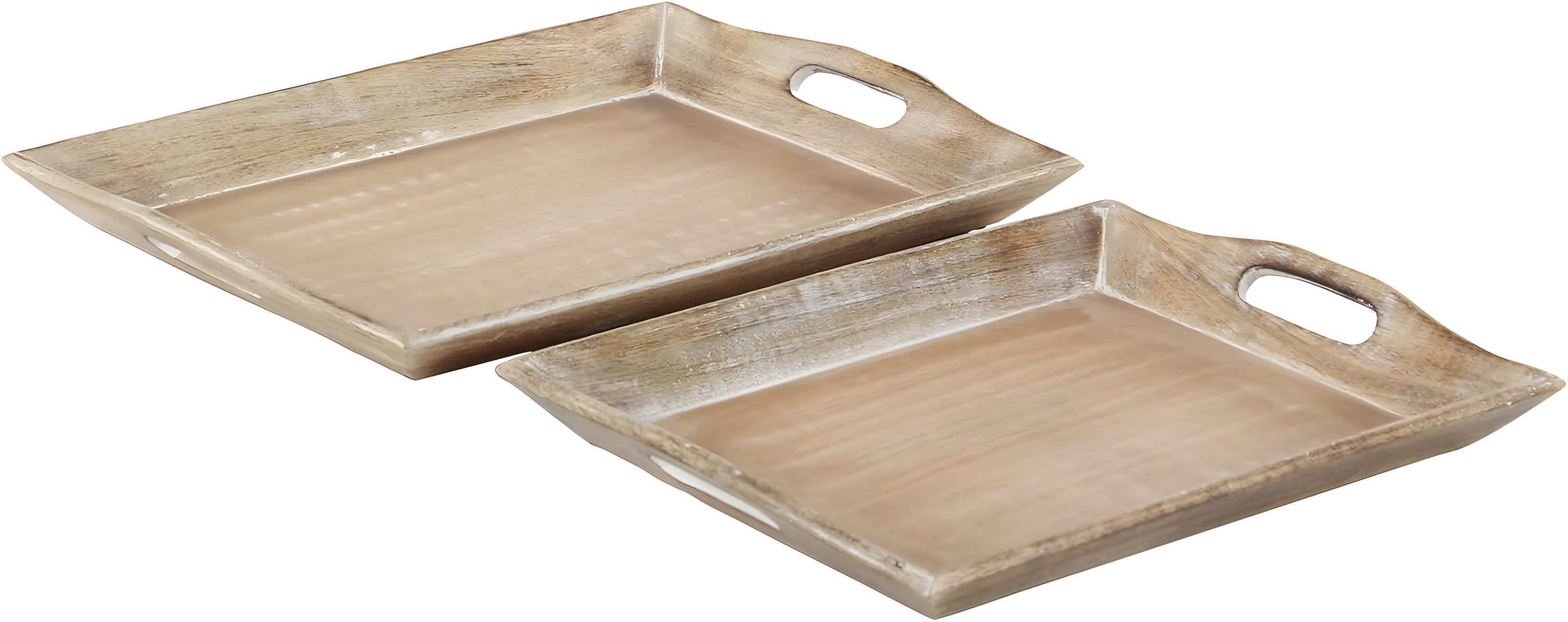 Olivia & May Set of 2 Traditional Whitewashed Natural Mango Wood Serving Trays Brown: Ottoman Style, with Handles