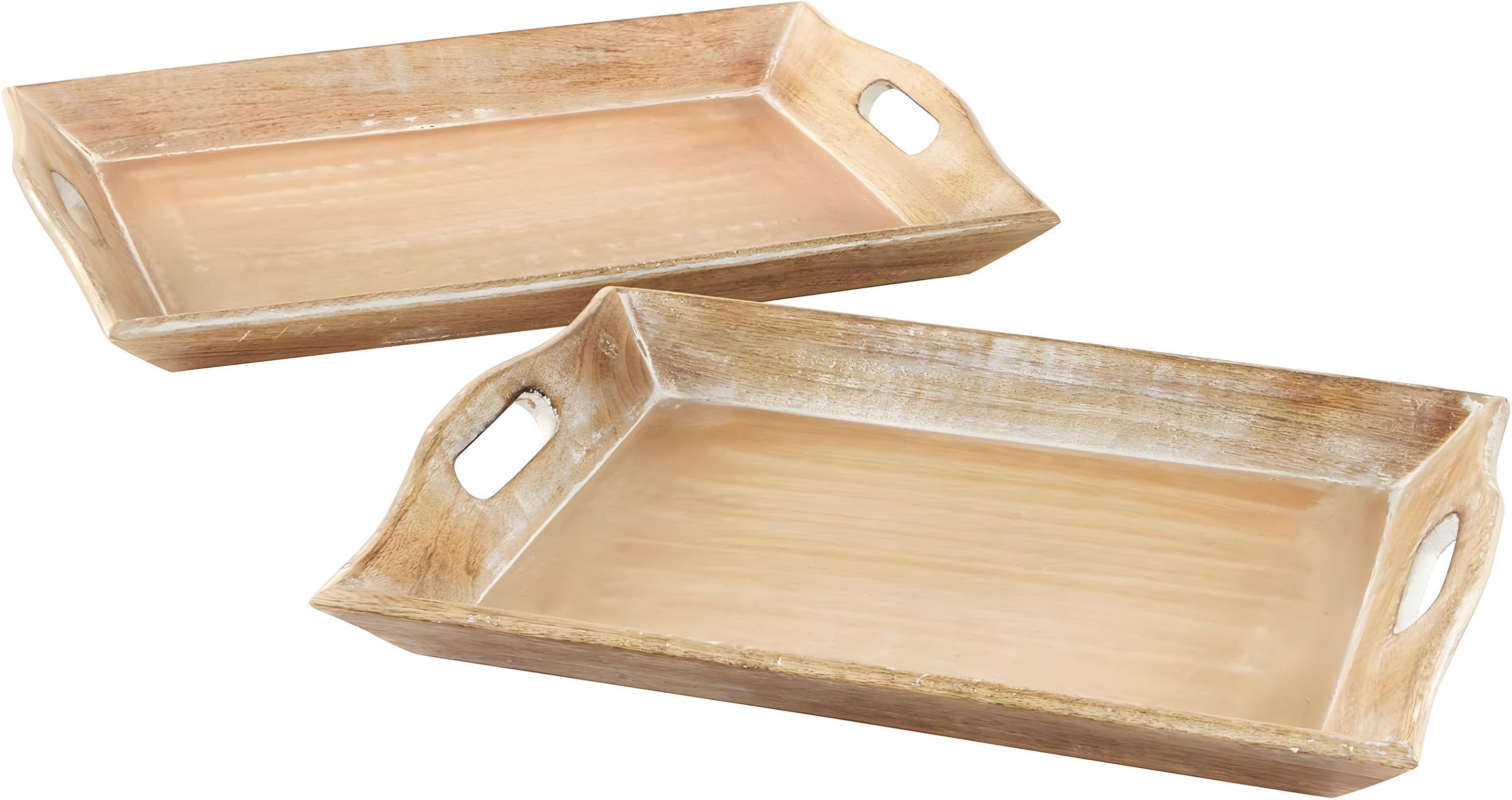 Olivia & May Set of 2 Traditional Whitewashed Natural Mango Wood Serving Trays Brown: Ottoman Style, with Handles