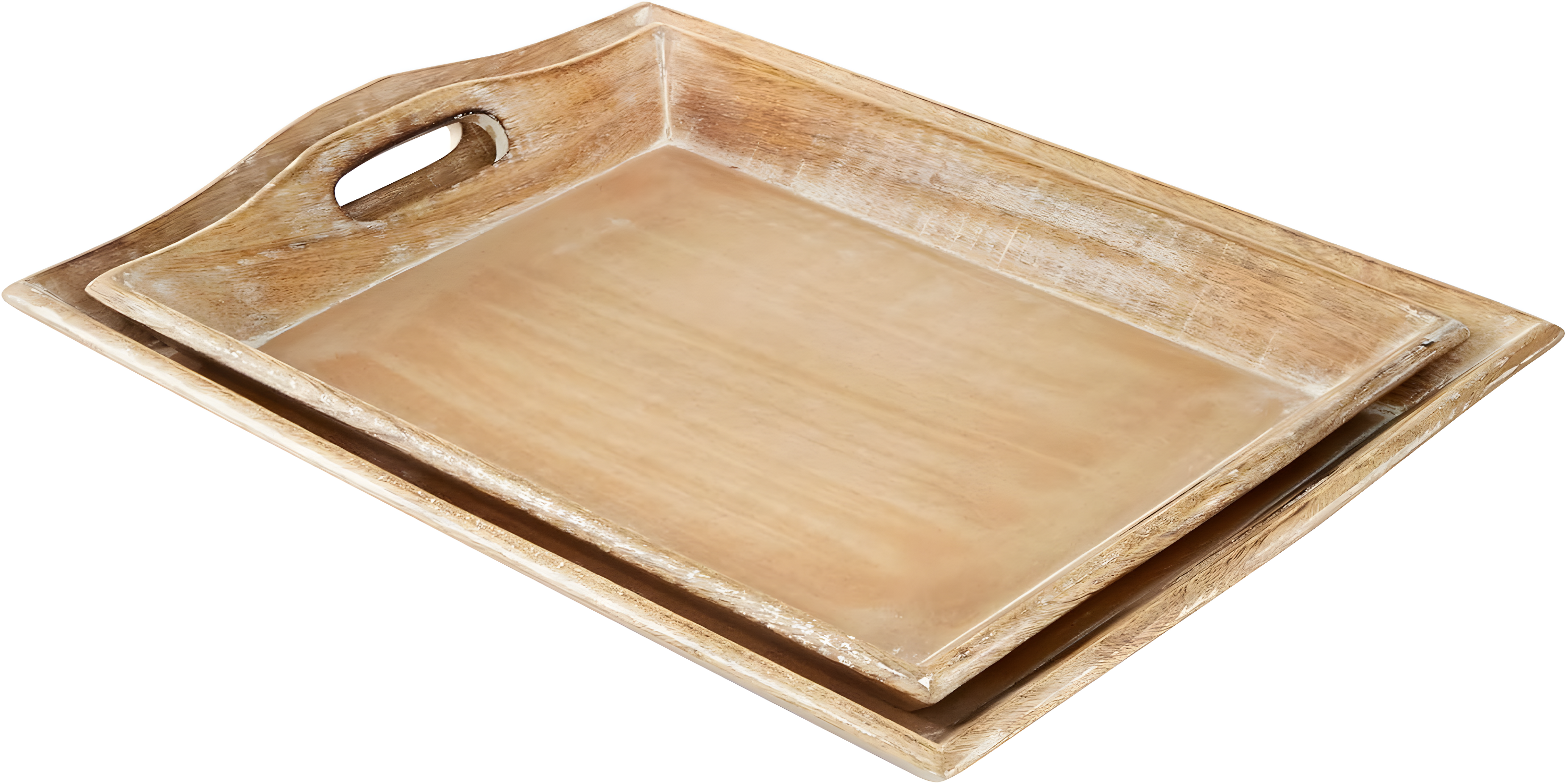 Olivia & May Set of 2 Traditional Whitewashed Natural Mango Wood Serving Trays Brown: Ottoman Style, with Handles