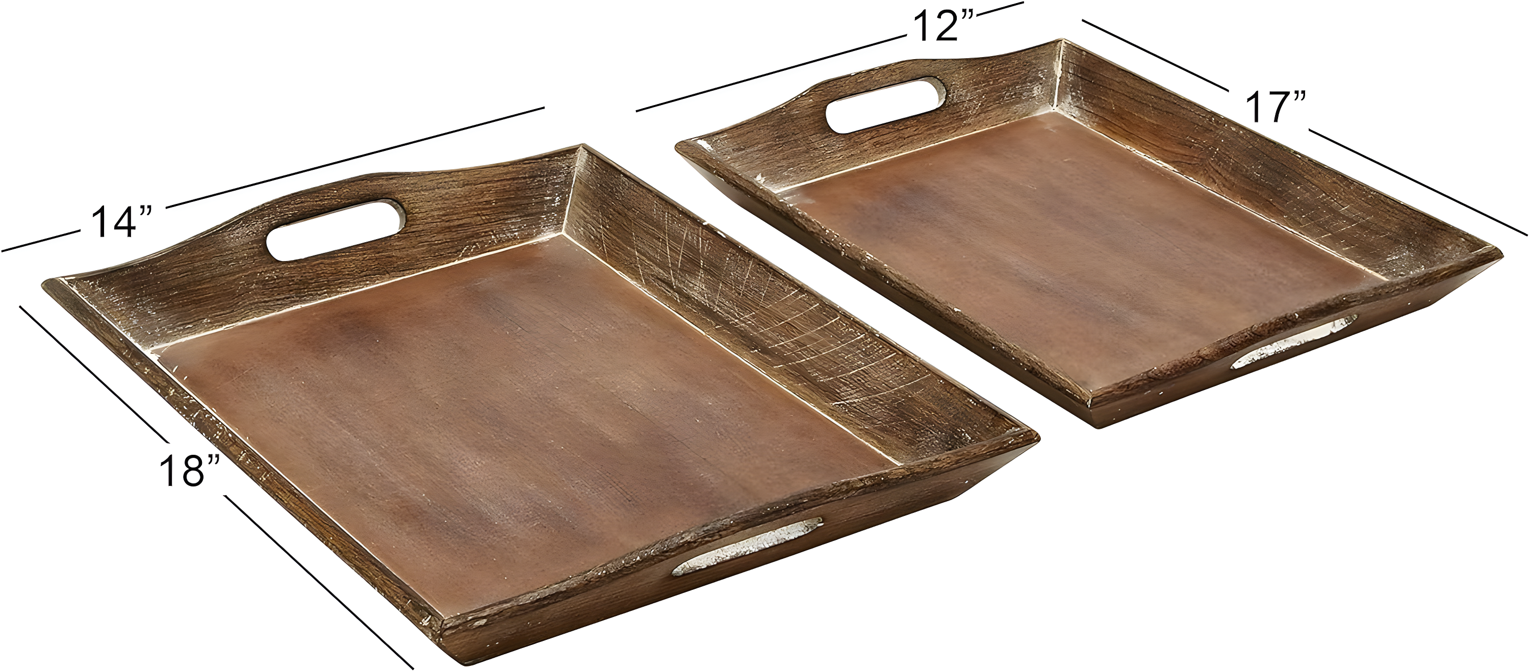 Olivia & May Set of 2 Traditional Whitewashed Natural Mango Wood Serving Trays Brown: Ottoman Style, with Handles