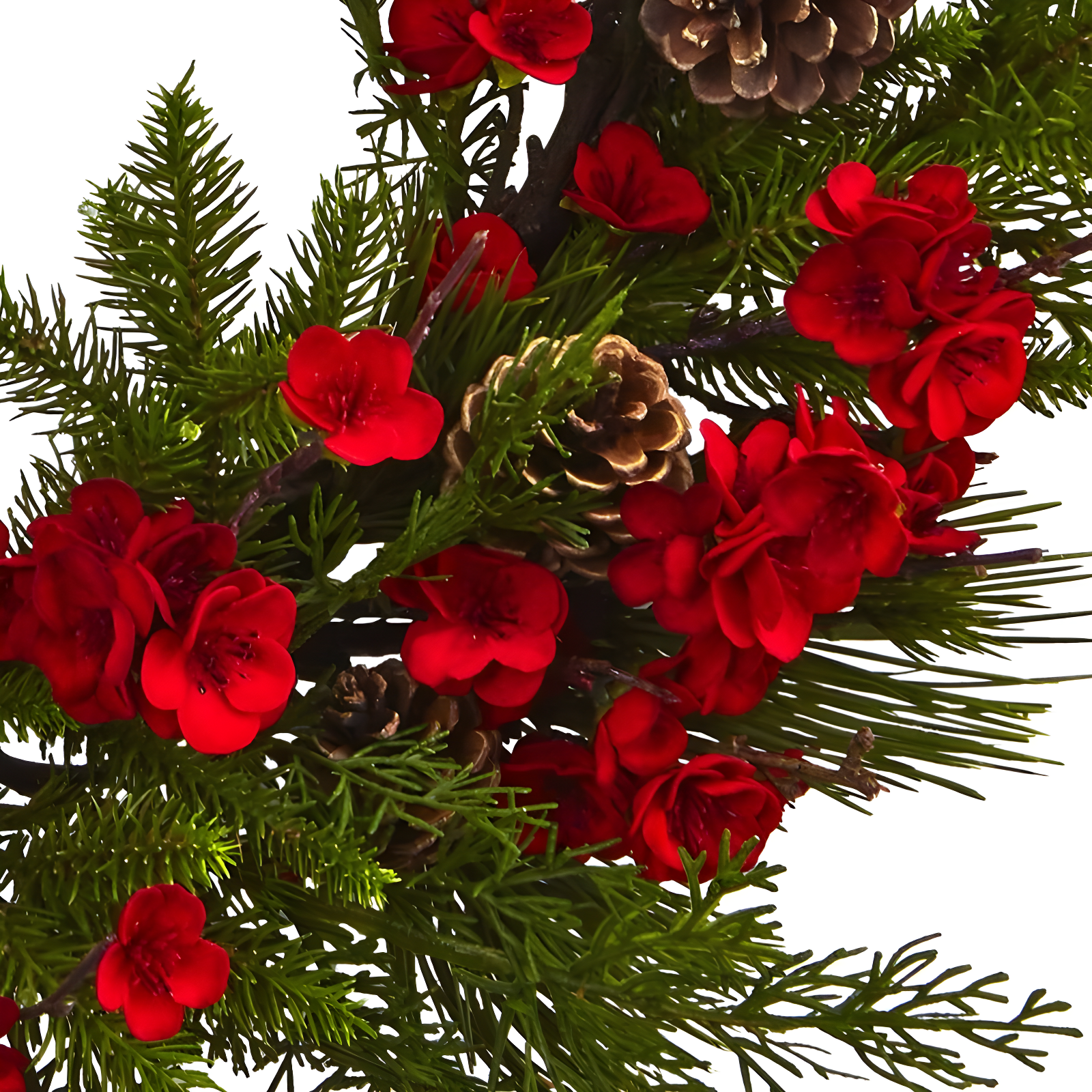 Nearly Natural Plum Blossom Pine Wreath (24"): Faux Floral Wall Decor for Indoor, Unlit Winter Display