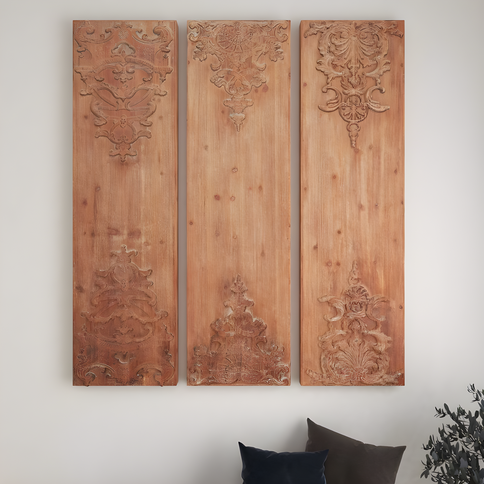 Wood Floral Carved Antefix Wall Decor Set of 3 Brown - Olivia & May: Rustic Style, Indoor Vertical Panels