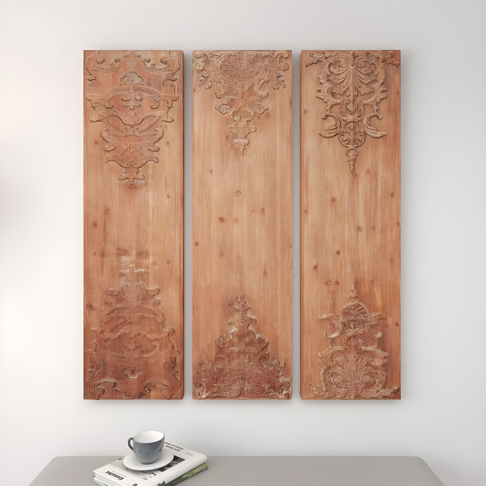 Wood Floral Carved Antefix Wall Decor Set of 3 Brown - Olivia & May: Rustic Style, Indoor Vertical Panels