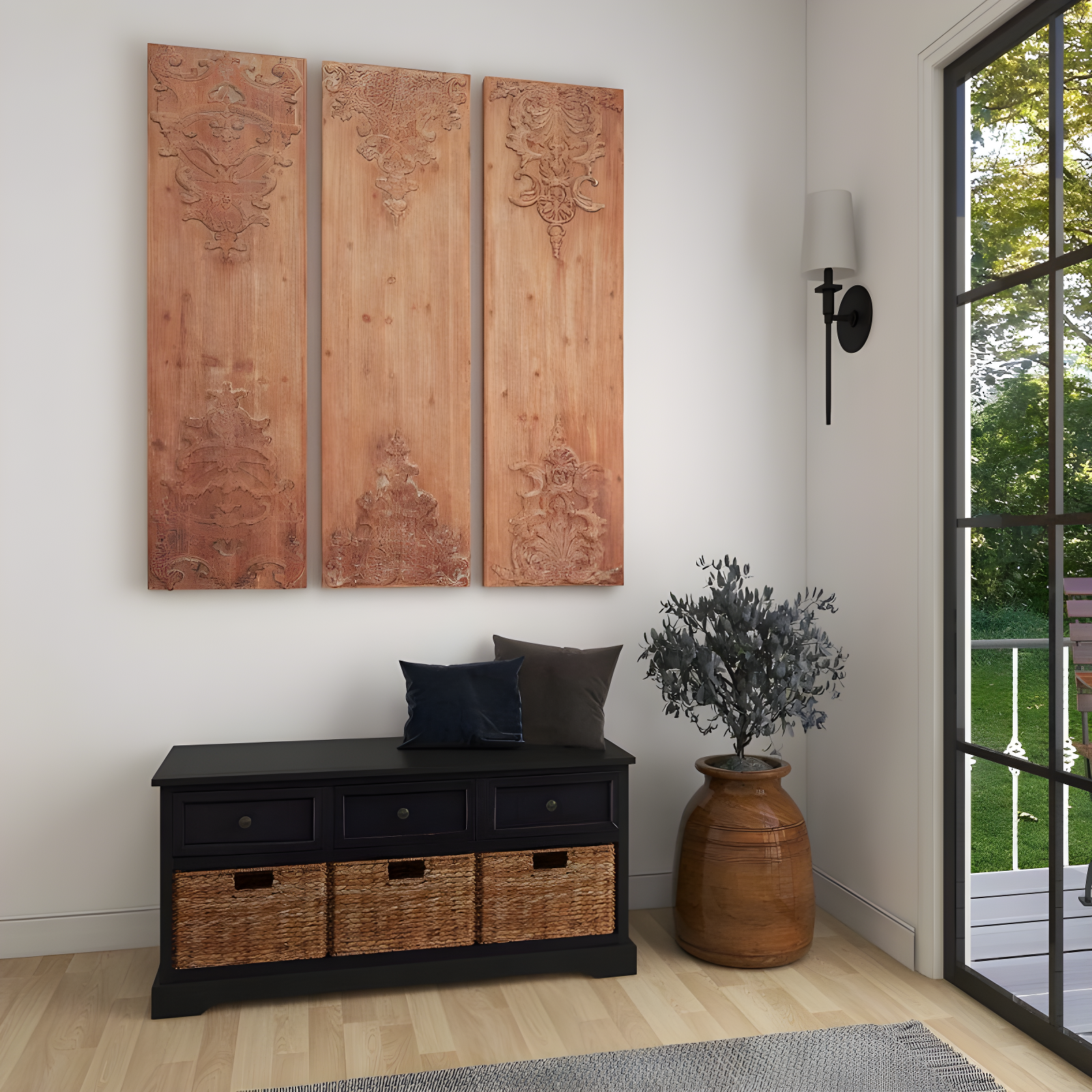 Wood Floral Carved Antefix Wall Decor Set of 3 Brown - Olivia & May: Rustic Style, Indoor Vertical Panels