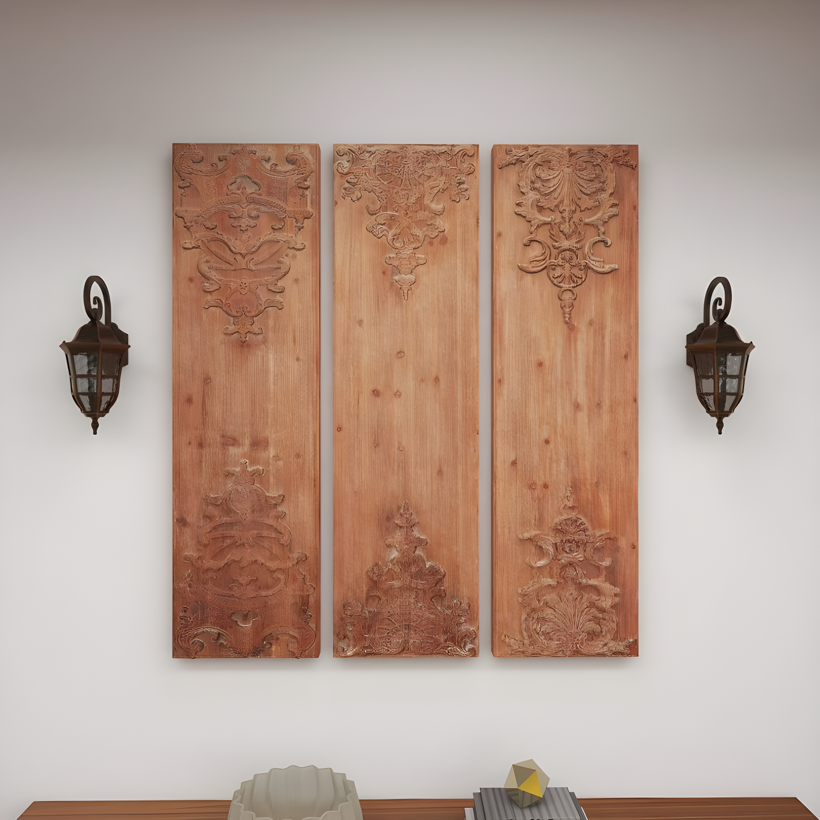 Wood Floral Carved Antefix Wall Decor Set of 3 Brown - Olivia & May: Rustic Style, Indoor Vertical Panels