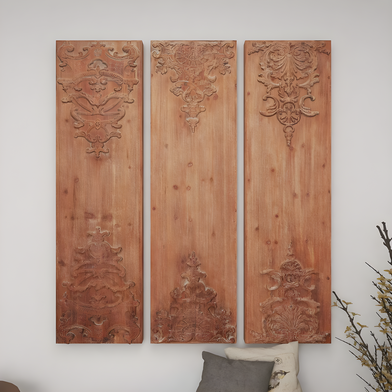 Wood Floral Carved Antefix Wall Decor Set of 3 Brown - Olivia & May: Rustic Style, Indoor Vertical Panels