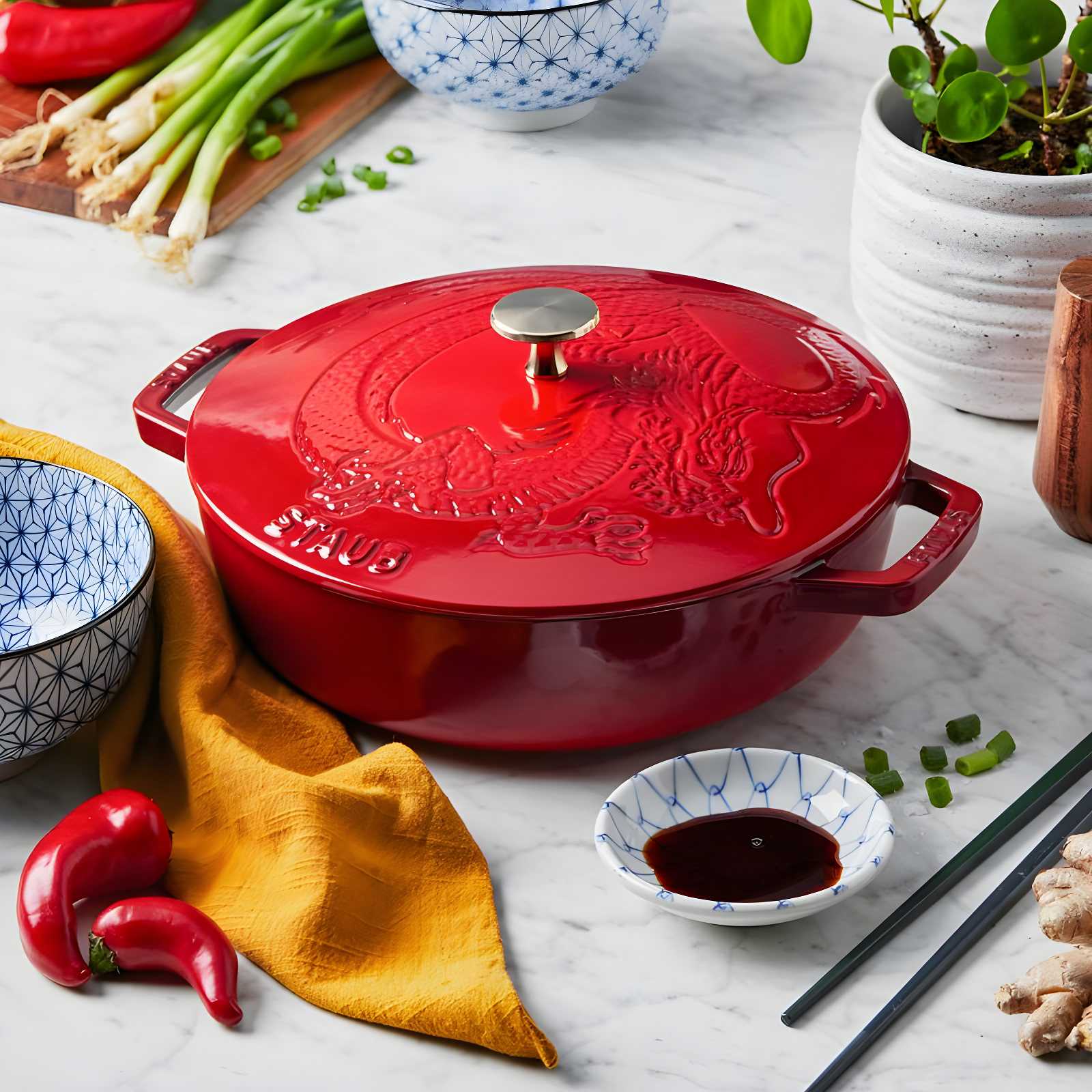 Staub ® 2.5-Qt. Cherry Cast Iron Saute Pan with Dragon Lid