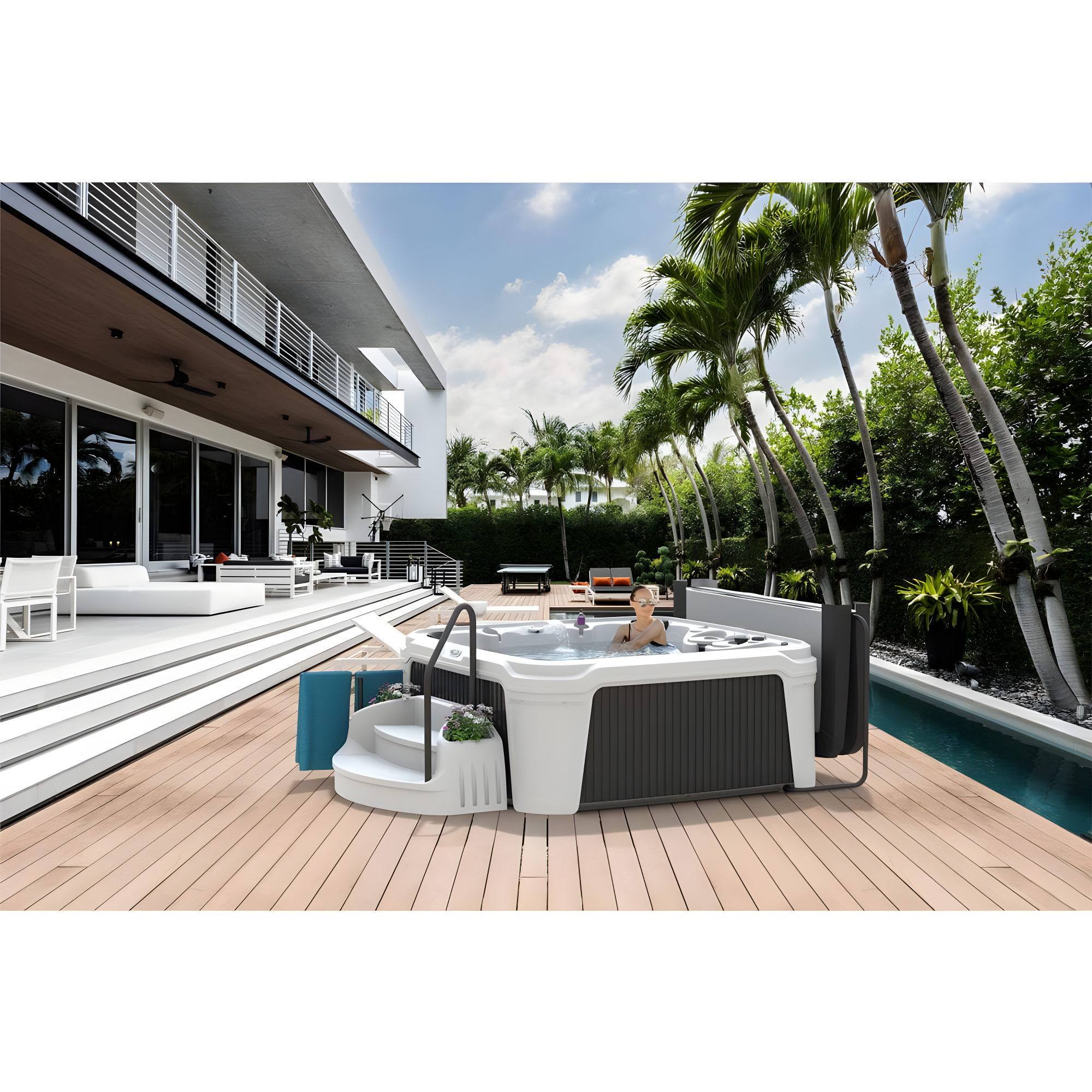 AquaRest DayDream 3500 Ensemble 7-Person 35-Jet Plug & Play Hot Tub with Ozonator, LED Waterfall, Stainless Steel Heater, Step, Cover Lifter and Ice Bucket