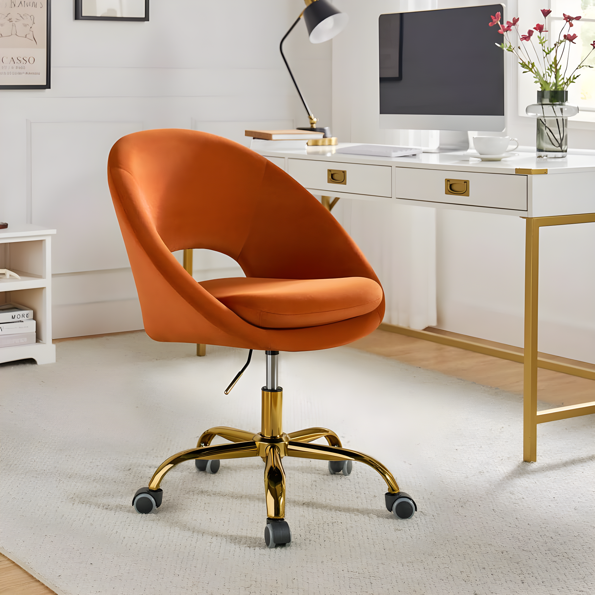 Velvet Home Office Chair Tina's Home Swivel Accent Chair Adult Makeup Chair Metal Leg Bedroom,Orange