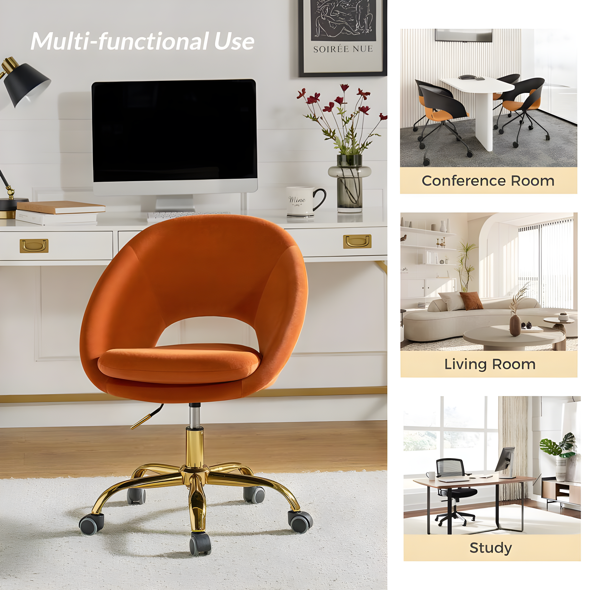 Velvet Home Office Chair Tina's Home Swivel Accent Chair Adult Makeup Chair Metal Leg Bedroom,Orange
