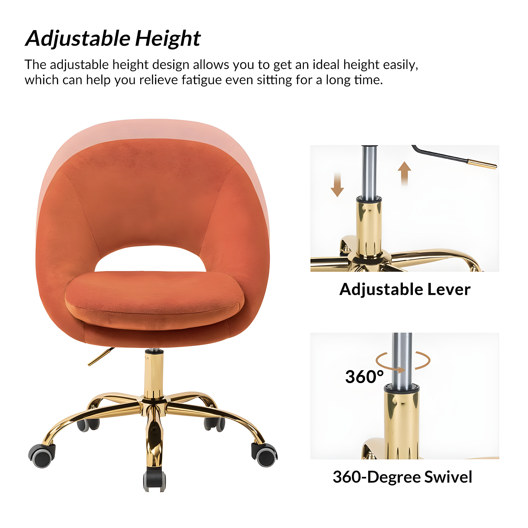 Velvet Home Office Chair Tina's Home Swivel Accent Chair Adult Makeup Chair Metal Leg Bedroom,Orange