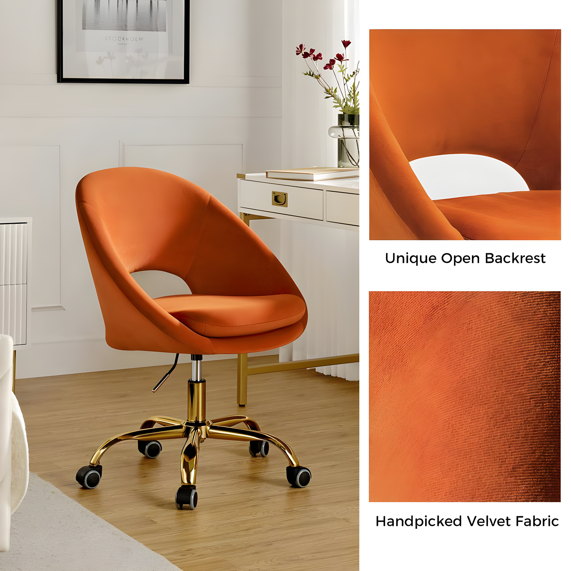 Velvet Home Office Chair Tina's Home Swivel Accent Chair Adult Makeup Chair Metal Leg Bedroom,Orange