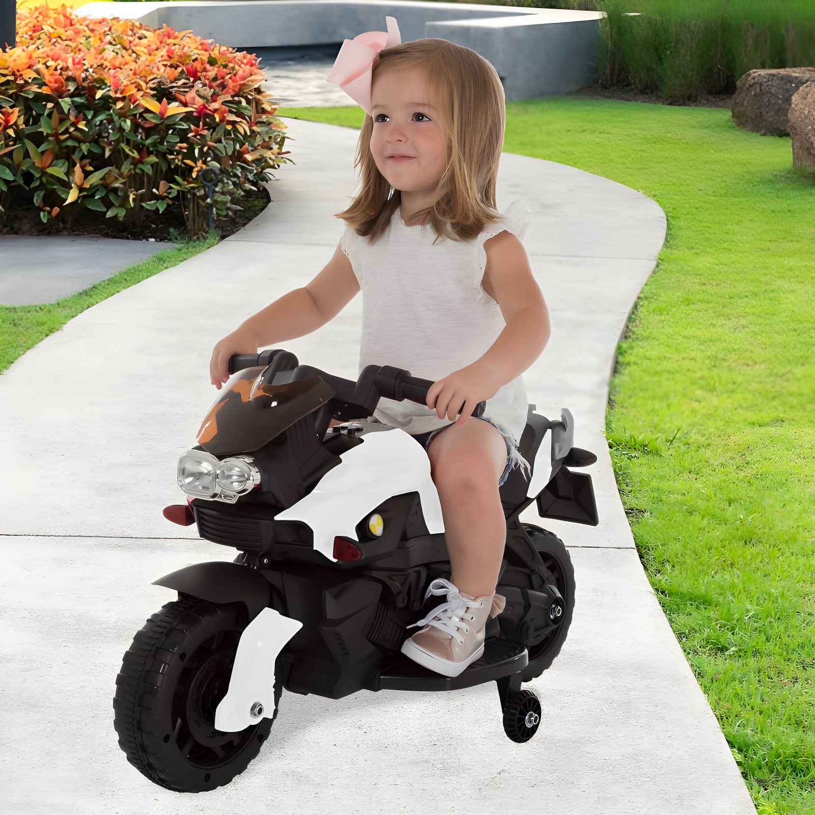 Toy Time Kids Motorcycle - Electric Ride-On with Training Wheels and Reverse Function - White and Black