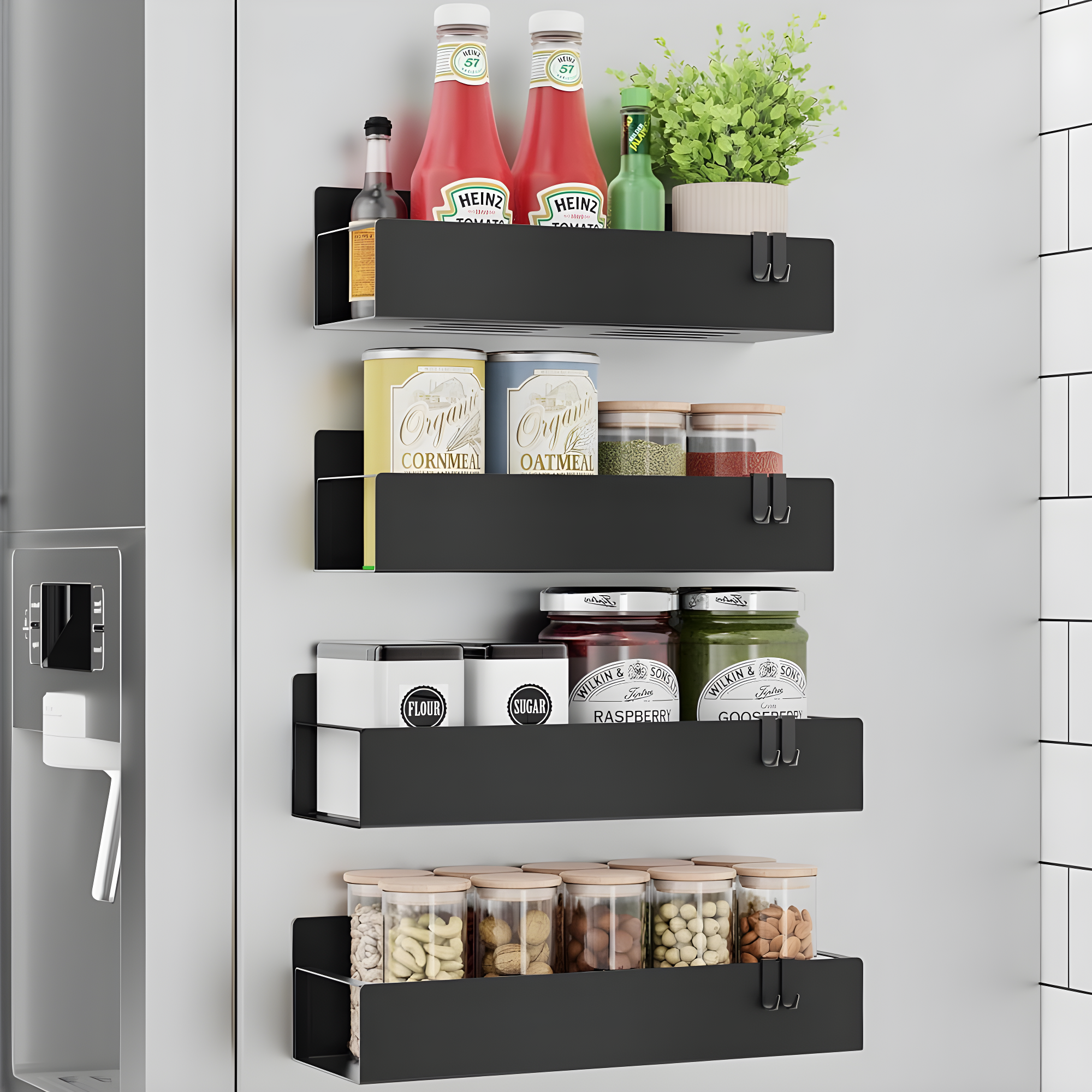Textiles Hub 4 Pack Magnetic Spice Rack For Refrigerator, Moveable Magnetic Spice Organizer, Black Metal Strong Magnetic Shelf For Fridge And Microwave Oven, Space Saving For Kitchen
