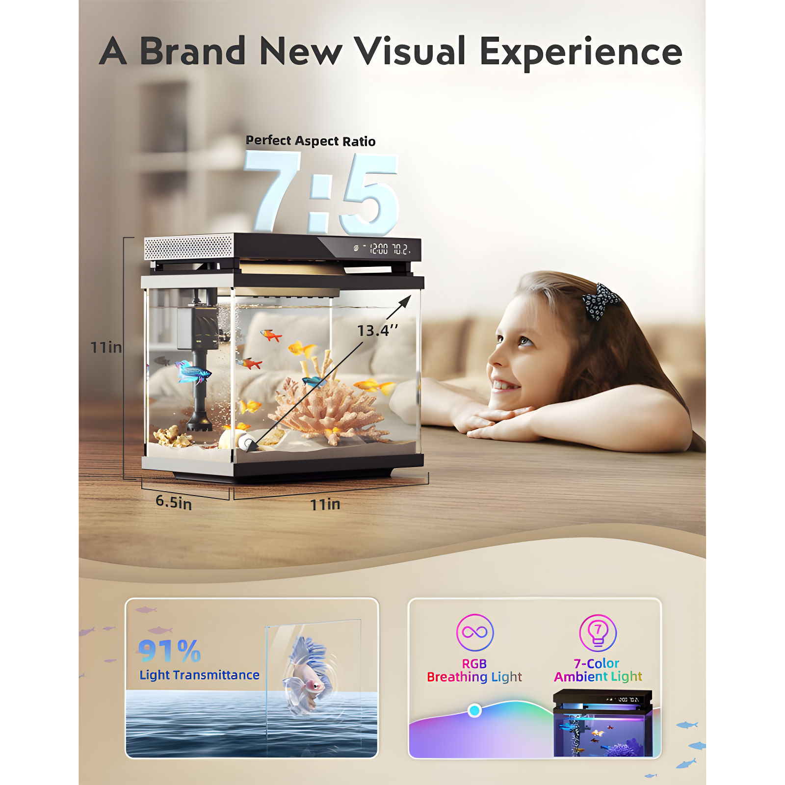 Latitude Run® Fish Tank Smart Aquarium Kit: 2 Gallon UHD Glass Silent Water Pump Self Cleaning Multi Layer Filtration System - Temperature Sensing 7-Color Lighting For Small Fish Betta Kids Room Desktop Decor