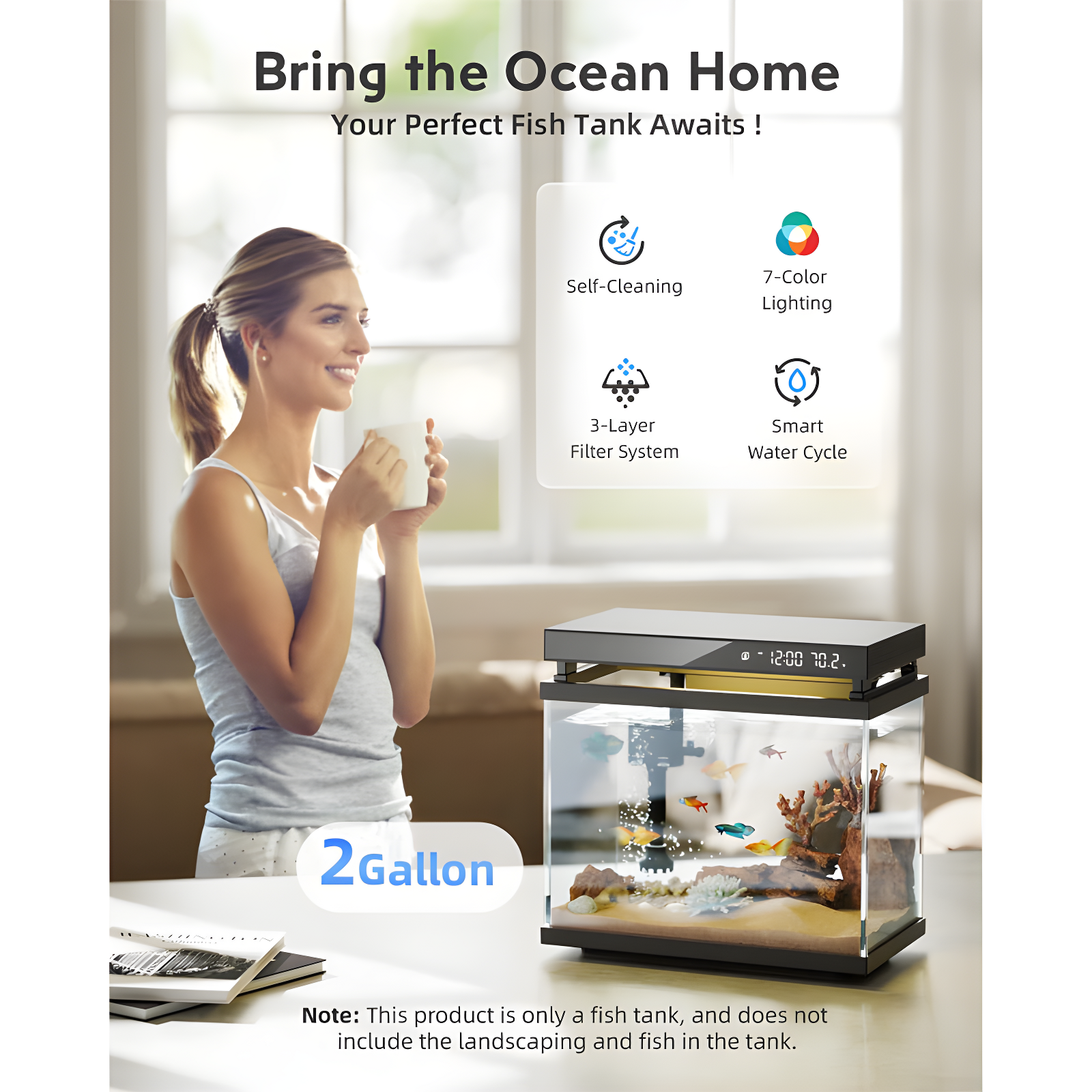 Latitude Run® Fish Tank Smart Aquarium Kit: 2 Gallon UHD Glass Silent Water Pump Self Cleaning Multi Layer Filtration System - Temperature Sensing 7-Color Lighting For Small Fish Betta Kids Room Desktop Decor