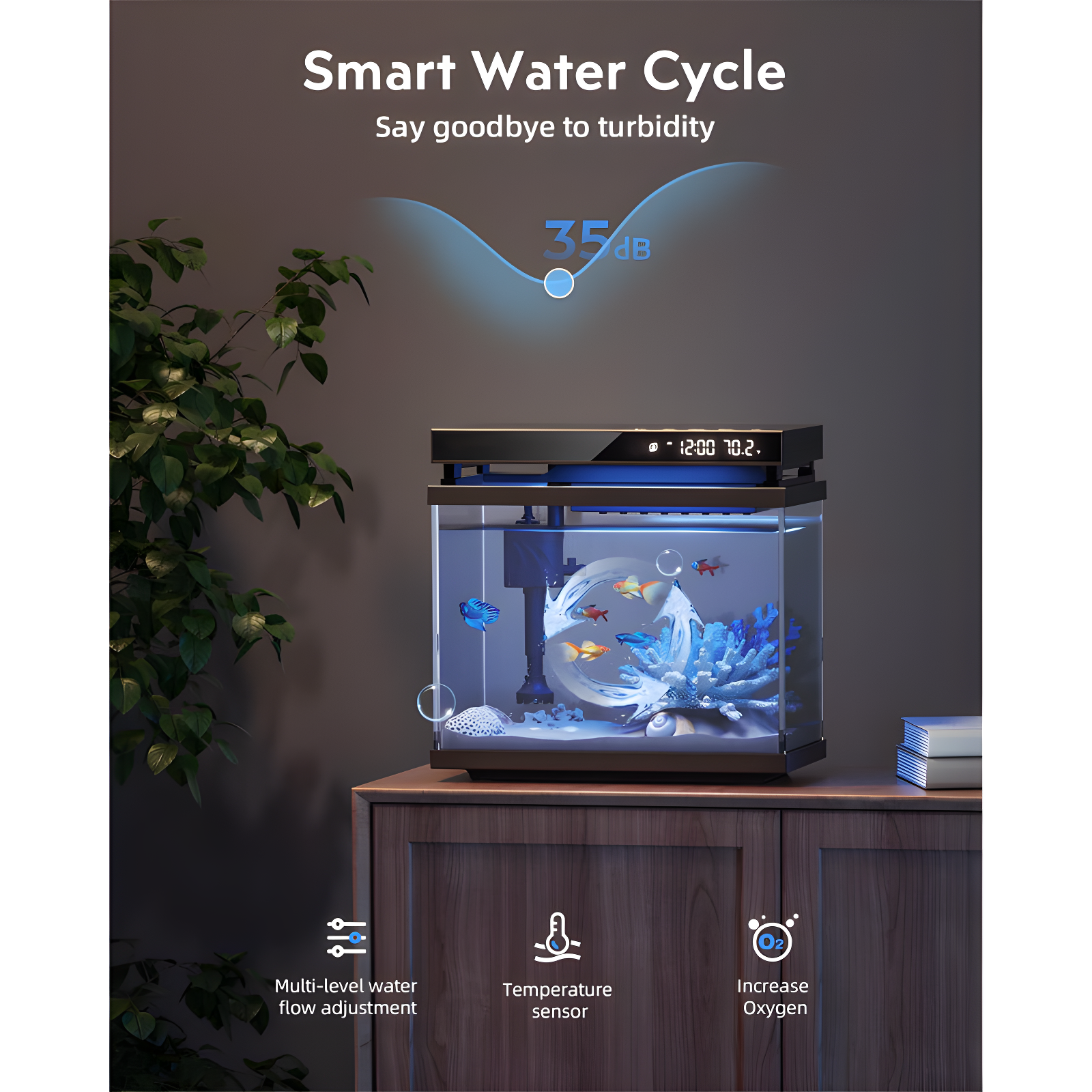 Latitude Run® Fish Tank Smart Aquarium Kit: 2 Gallon UHD Glass Silent Water Pump Self Cleaning Multi Layer Filtration System - Temperature Sensing 7-Color Lighting For Small Fish Betta Kids Room Desktop Decor