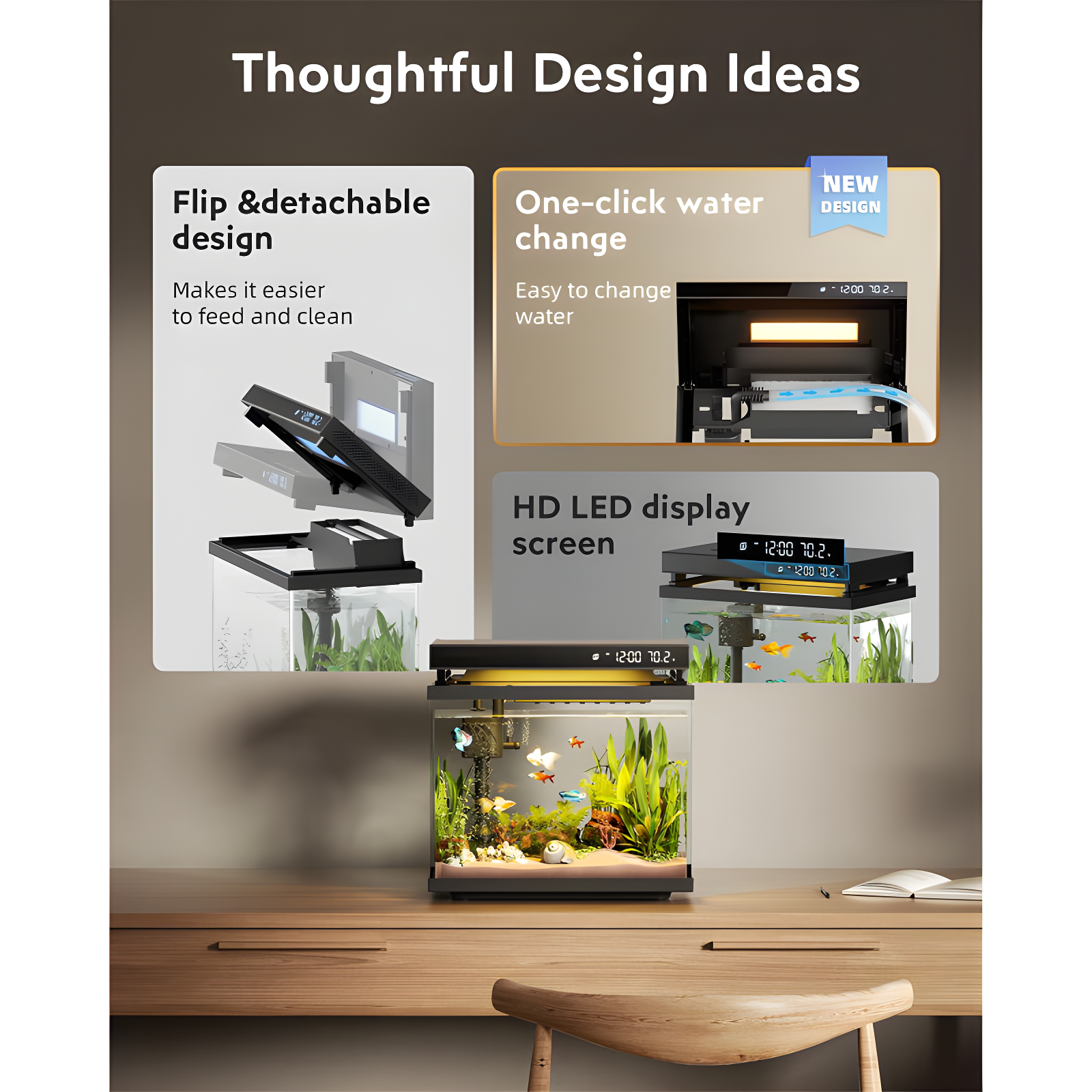 Latitude Run® Fish Tank Smart Aquarium Kit: 2 Gallon UHD Glass Silent Water Pump Self Cleaning Multi Layer Filtration System - Temperature Sensing 7-Color Lighting For Small Fish Betta Kids Room Desktop Decor