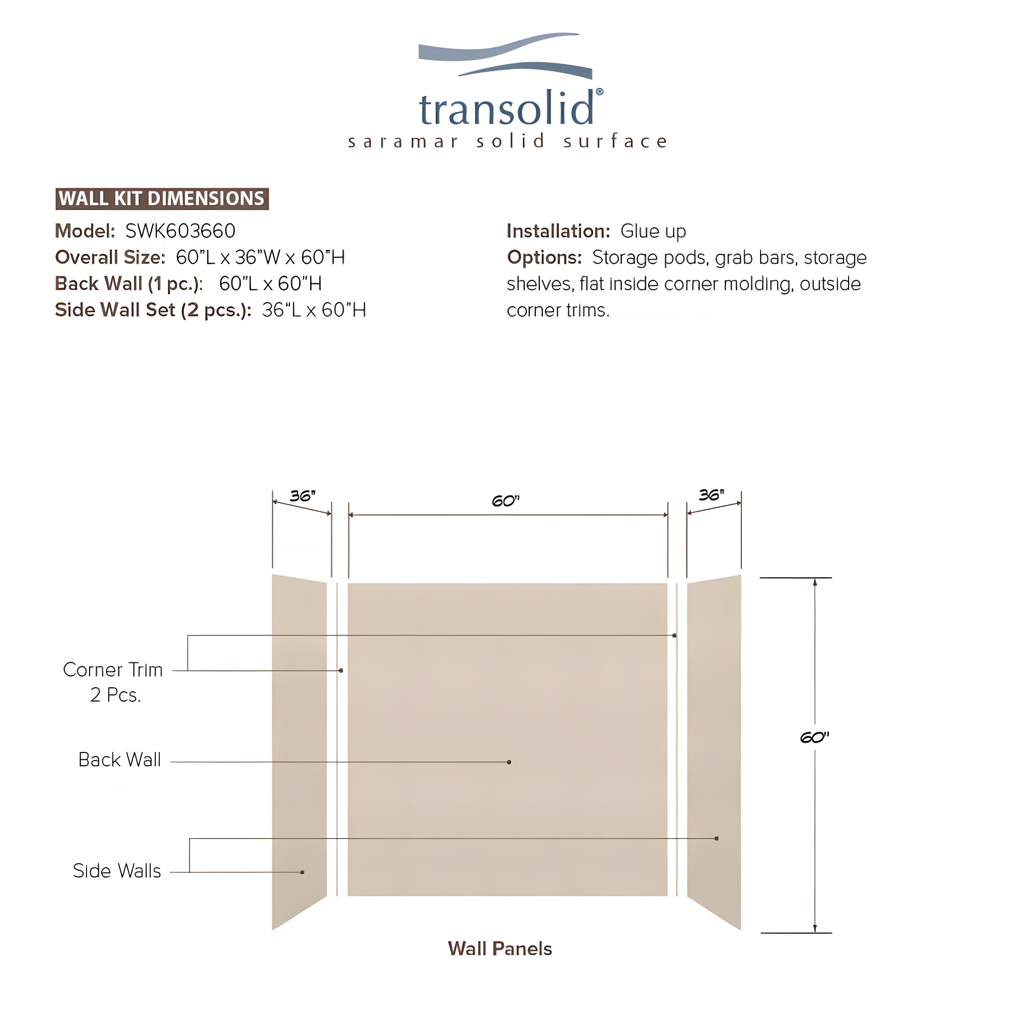 Transolid SaraMar W 36'' D H Glue Up Solid Surface Wall