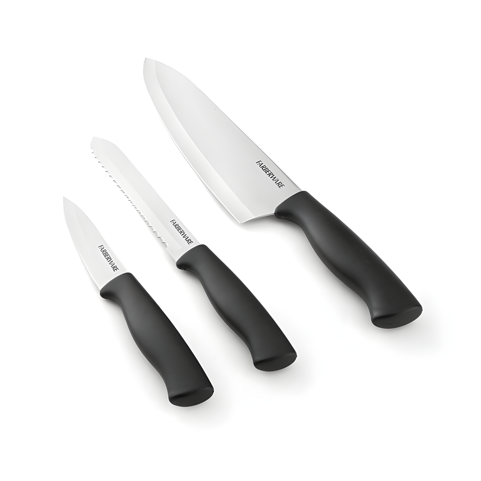 Farberware 3 Piece Chef Knife Set: Stainless Steel Kitchen Knives with Black Polypropylene Handles, Includes Paring & Utility