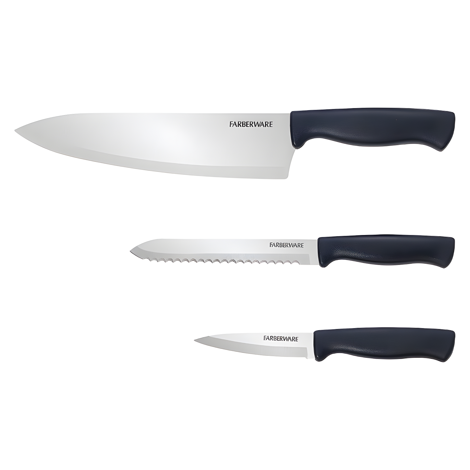 Farberware 3 Piece Chef Knife Set: Stainless Steel Kitchen Knives with Black Polypropylene Handles, Includes Paring & Utility
