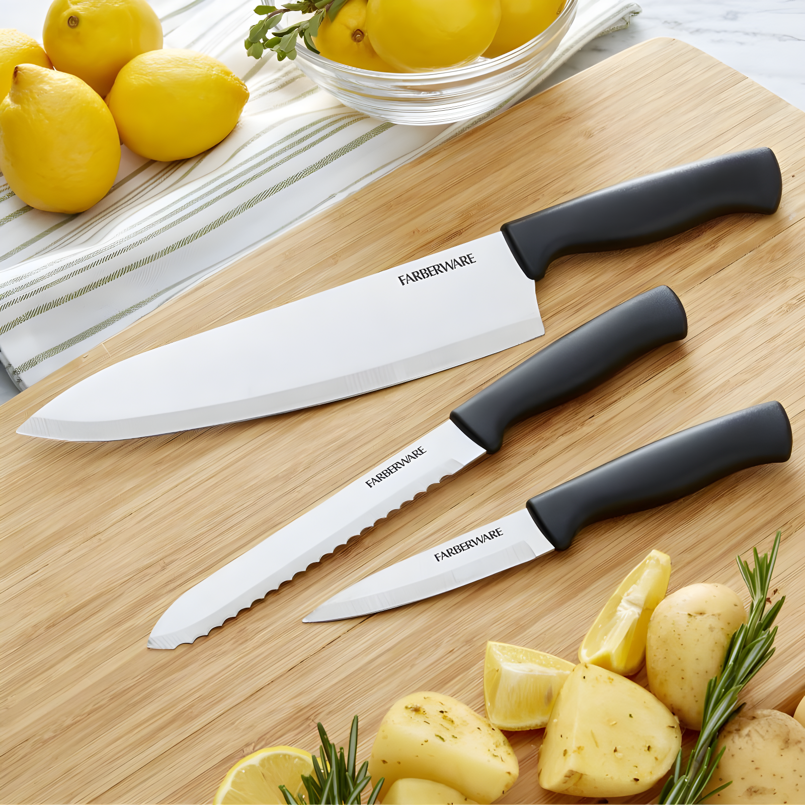 Farberware 3 Piece Chef Knife Set: Stainless Steel Kitchen Knives with Black Polypropylene Handles, Includes Paring & Utility