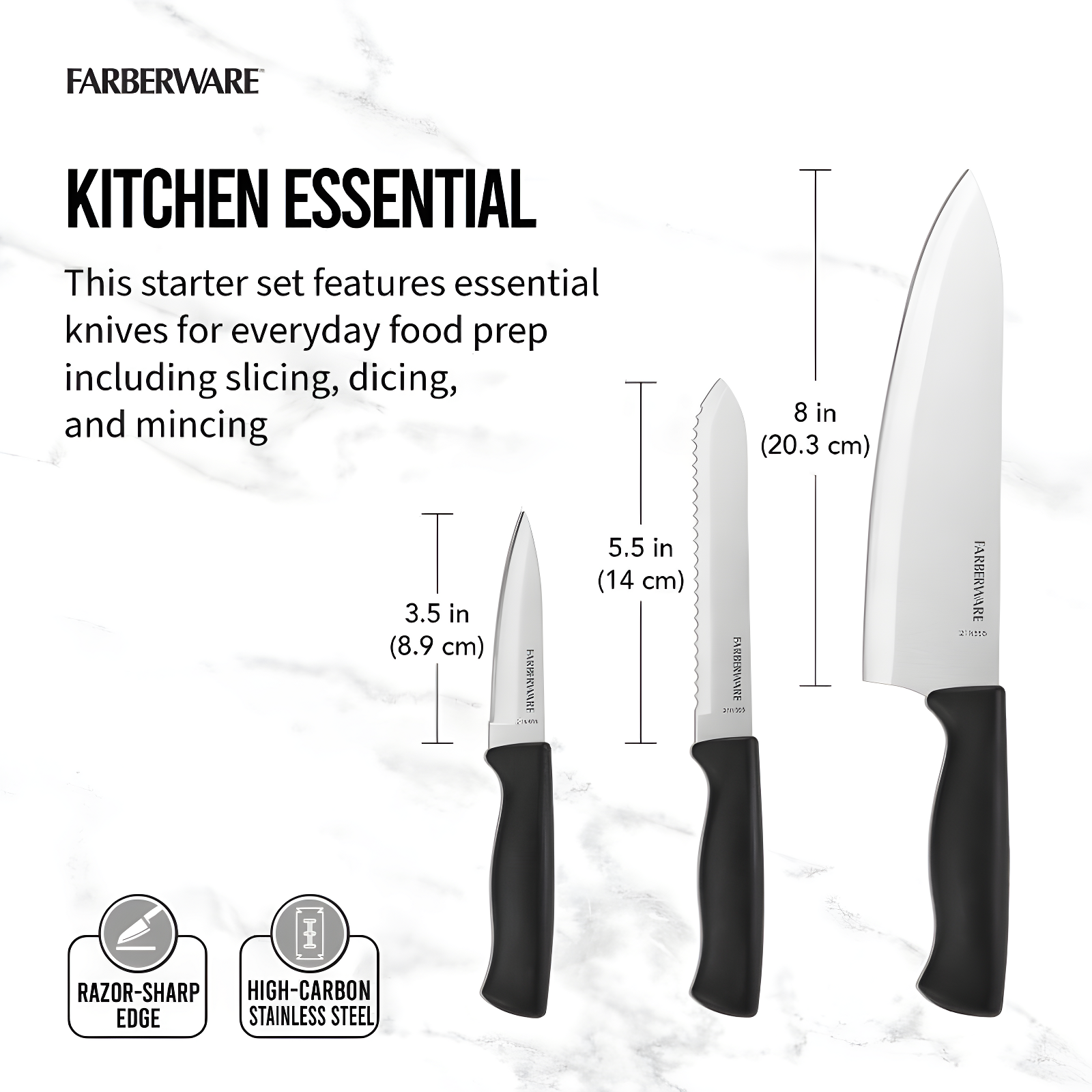 Farberware 3 Piece Chef Knife Set: Stainless Steel Kitchen Knives with Black Polypropylene Handles, Includes Paring & Utility