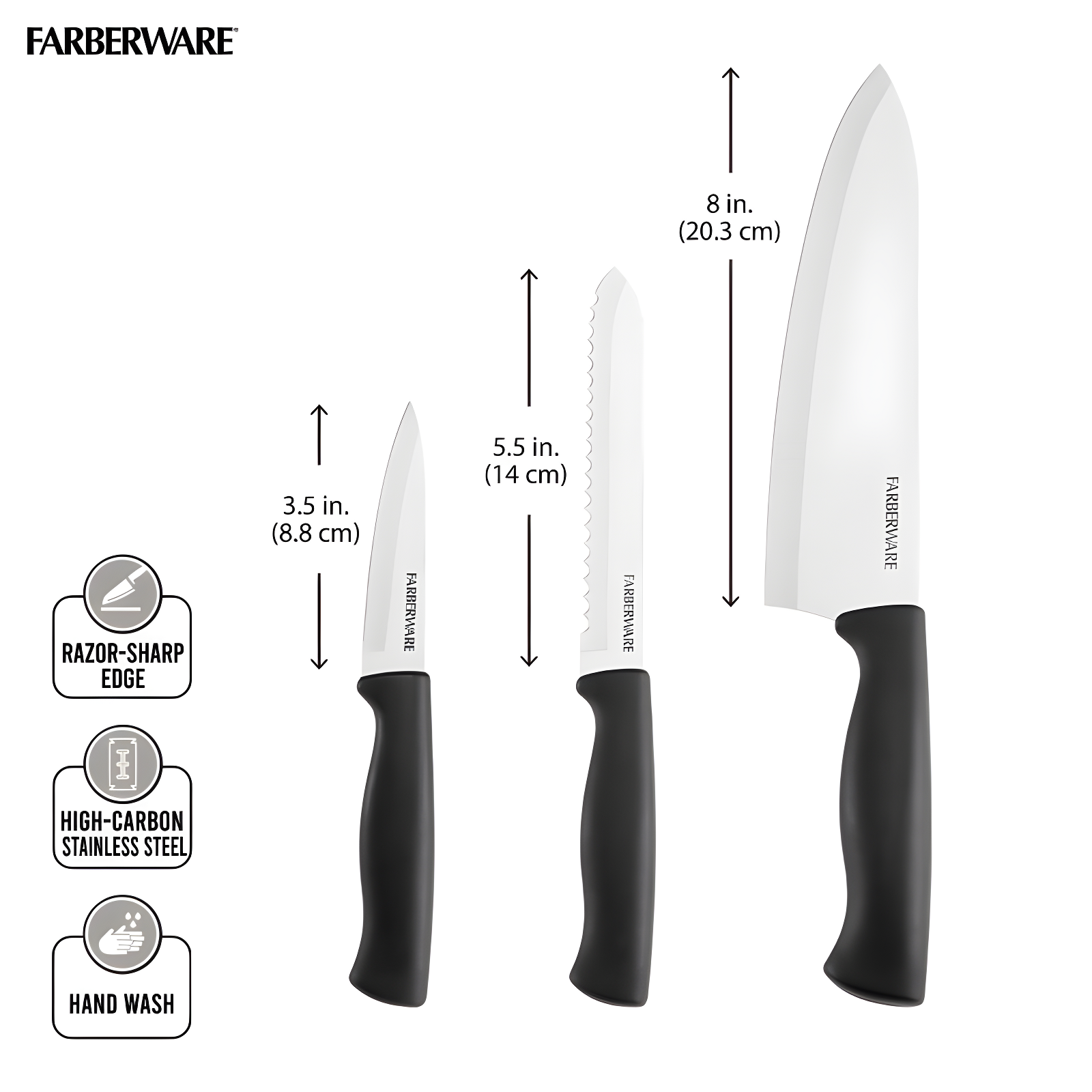 Farberware 3 Piece Chef Knife Set: Stainless Steel Kitchen Knives with Black Polypropylene Handles, Includes Paring & Utility
