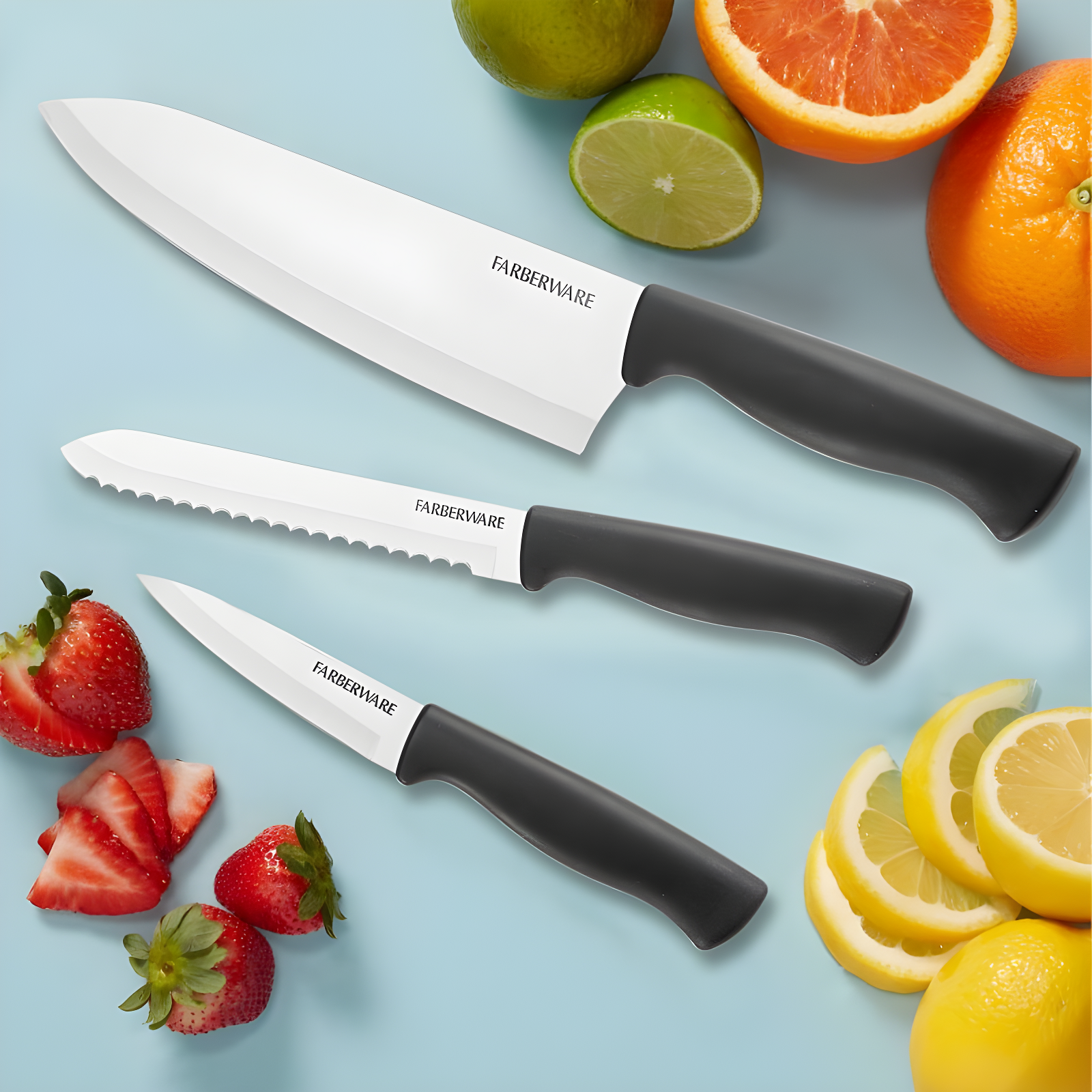 Farberware 3 Piece Chef Knife Set: Stainless Steel Kitchen Knives with Black Polypropylene Handles, Includes Paring & Utility