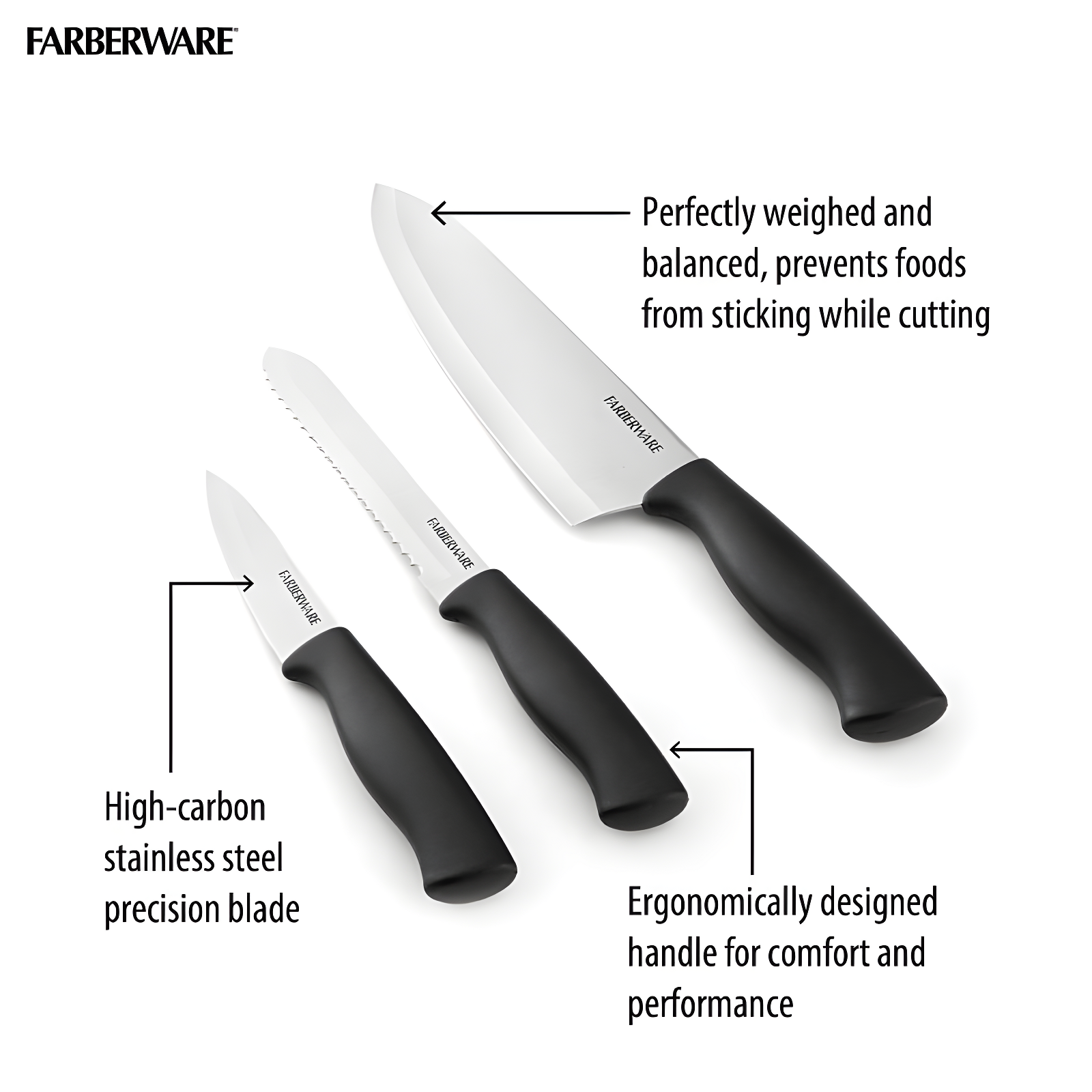 Farberware 3 Piece Chef Knife Set: Stainless Steel Kitchen Knives with Black Polypropylene Handles, Includes Paring & Utility