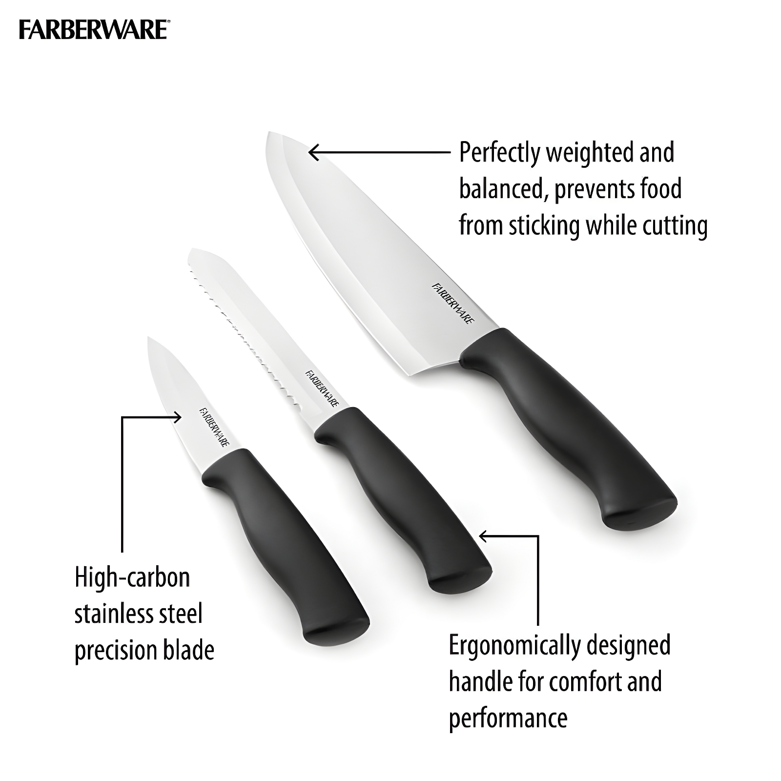 Farberware 3 Piece Chef Knife Set: Stainless Steel Kitchen Knives with Black Polypropylene Handles, Includes Paring & Utility