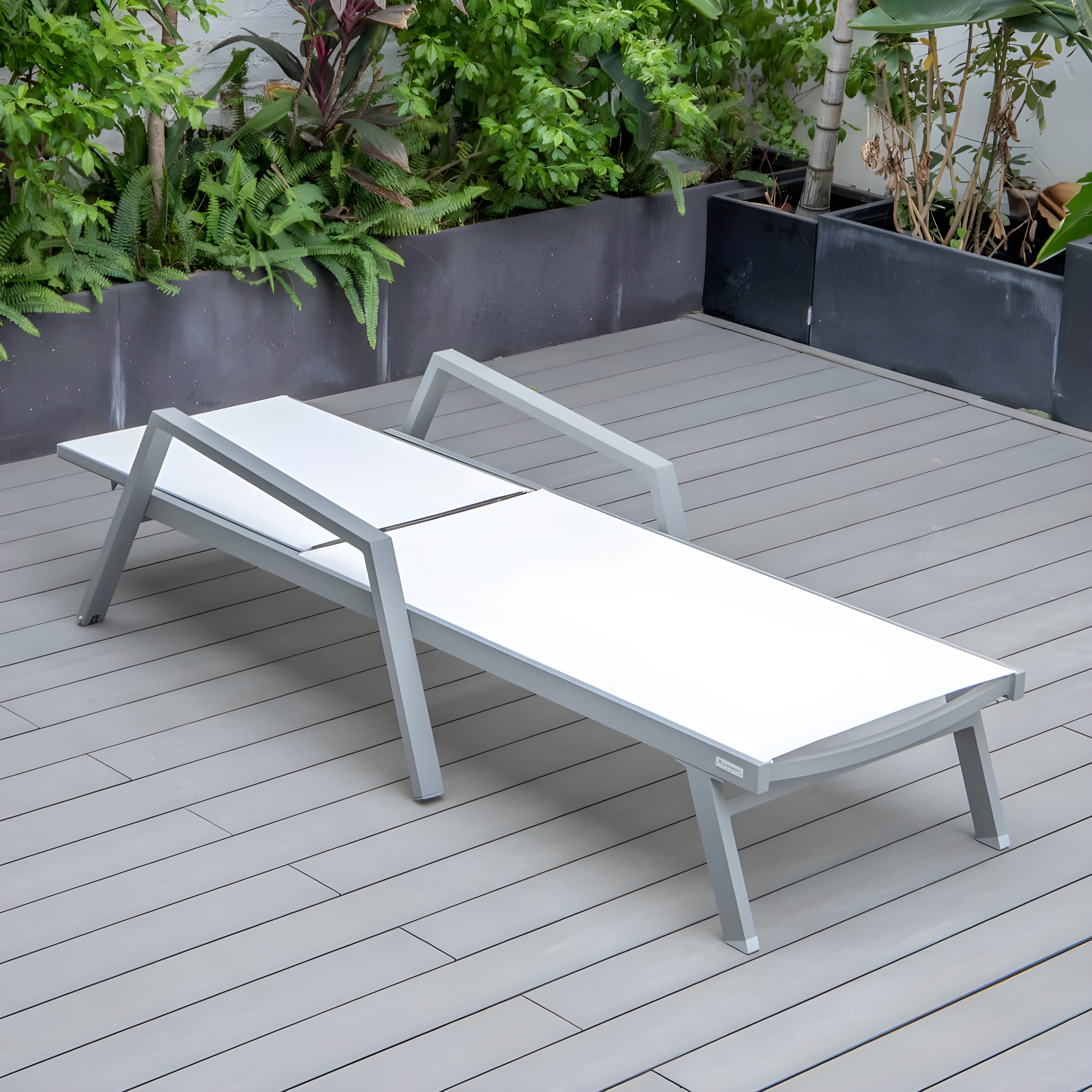 LeisureMod Outdoor Powder Coated Aluminum Chaise Lounge Set with Table (Set of 2)