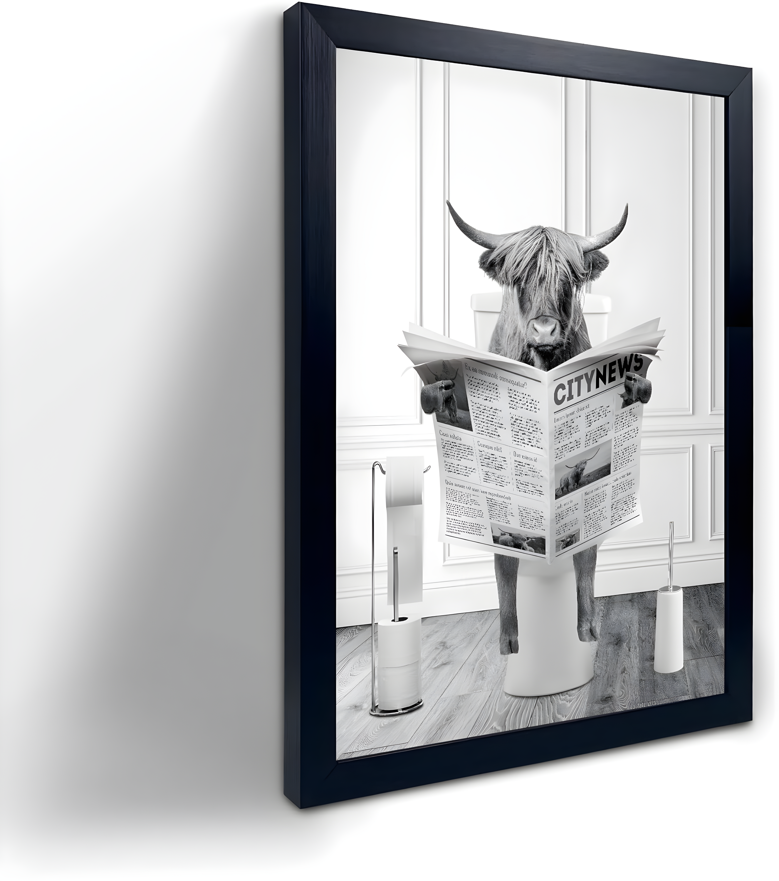Modern Black Framed Highland Cow Wall Art Minimalist Bathroom Wall Decor Cute Funny Animals Artwork Canvas Prints Ready to Hang for Guest Bathroom, Hotel, Condo, Kids Bathroom, 12”x16”