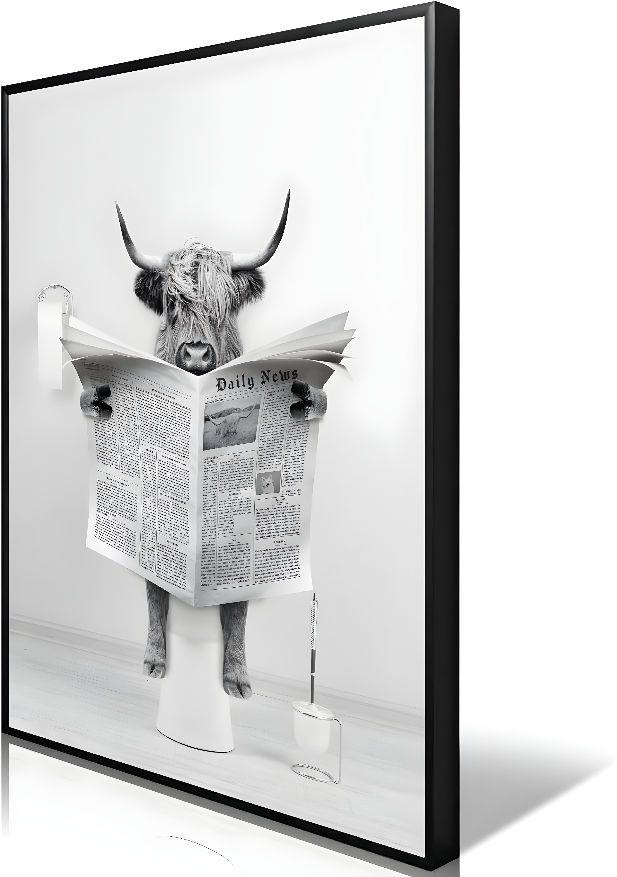 Modern Black Framed Highland Cow Wall Art Minimalist Bathroom Wall Decor Cute Funny Animals Artwork Canvas Prints Ready to Hang for Guest Bathroom, Hotel, Condo, Kids Bathroom, 12”x16”