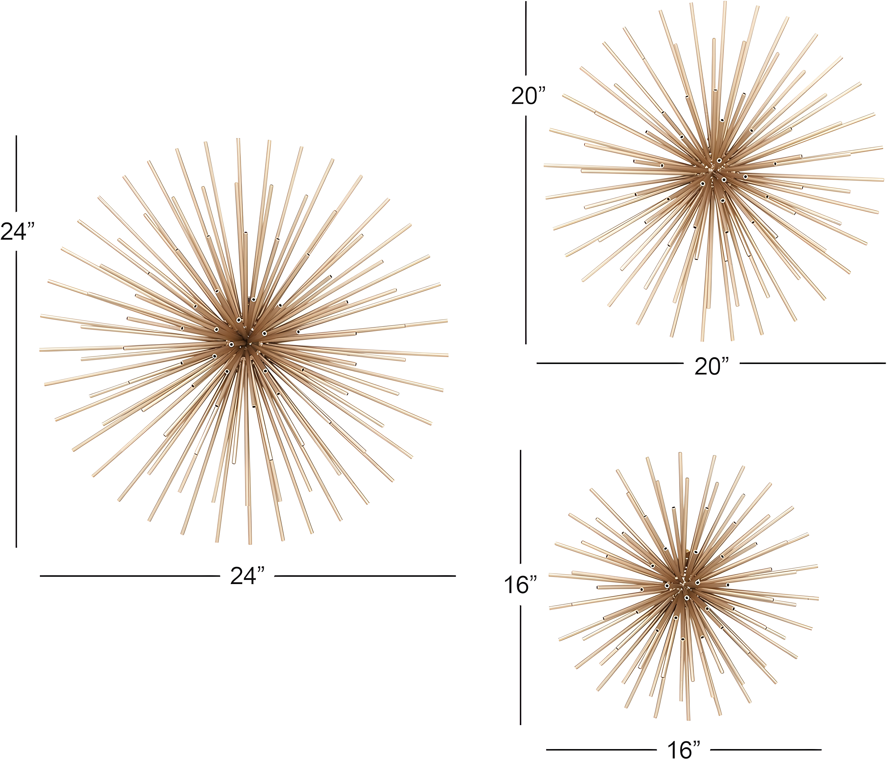 DecMode Contemporary Gold Metal 3D Starburst Wall Décor, Set of 3 16", 20", 24"D