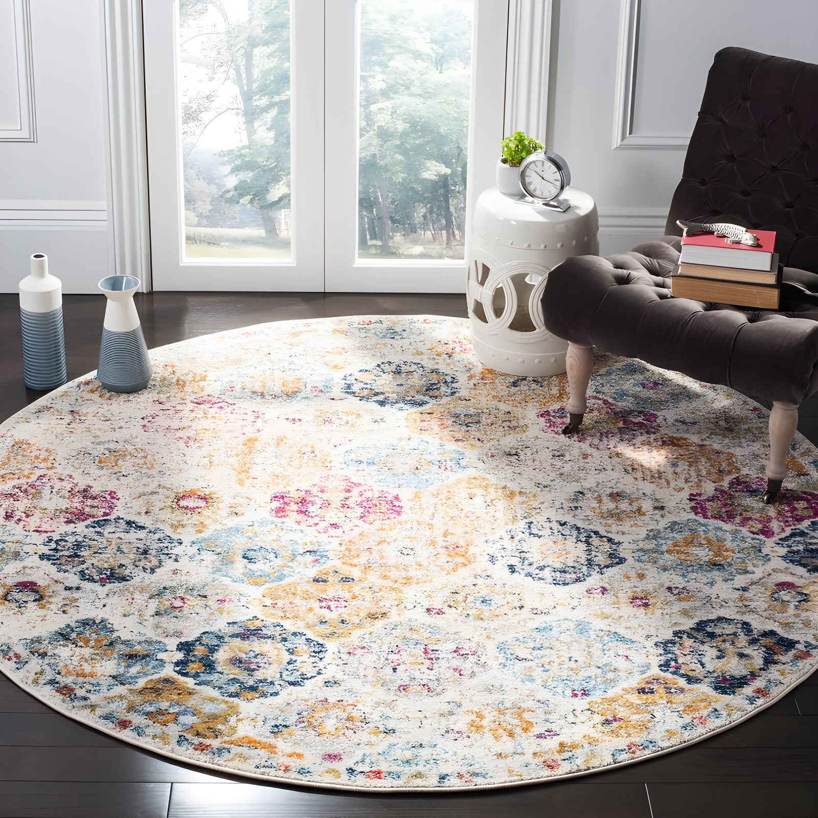 Madison MAD611 Power Loomed Indoor Area Rug - Cream/Multi - 9' Round - Safavieh