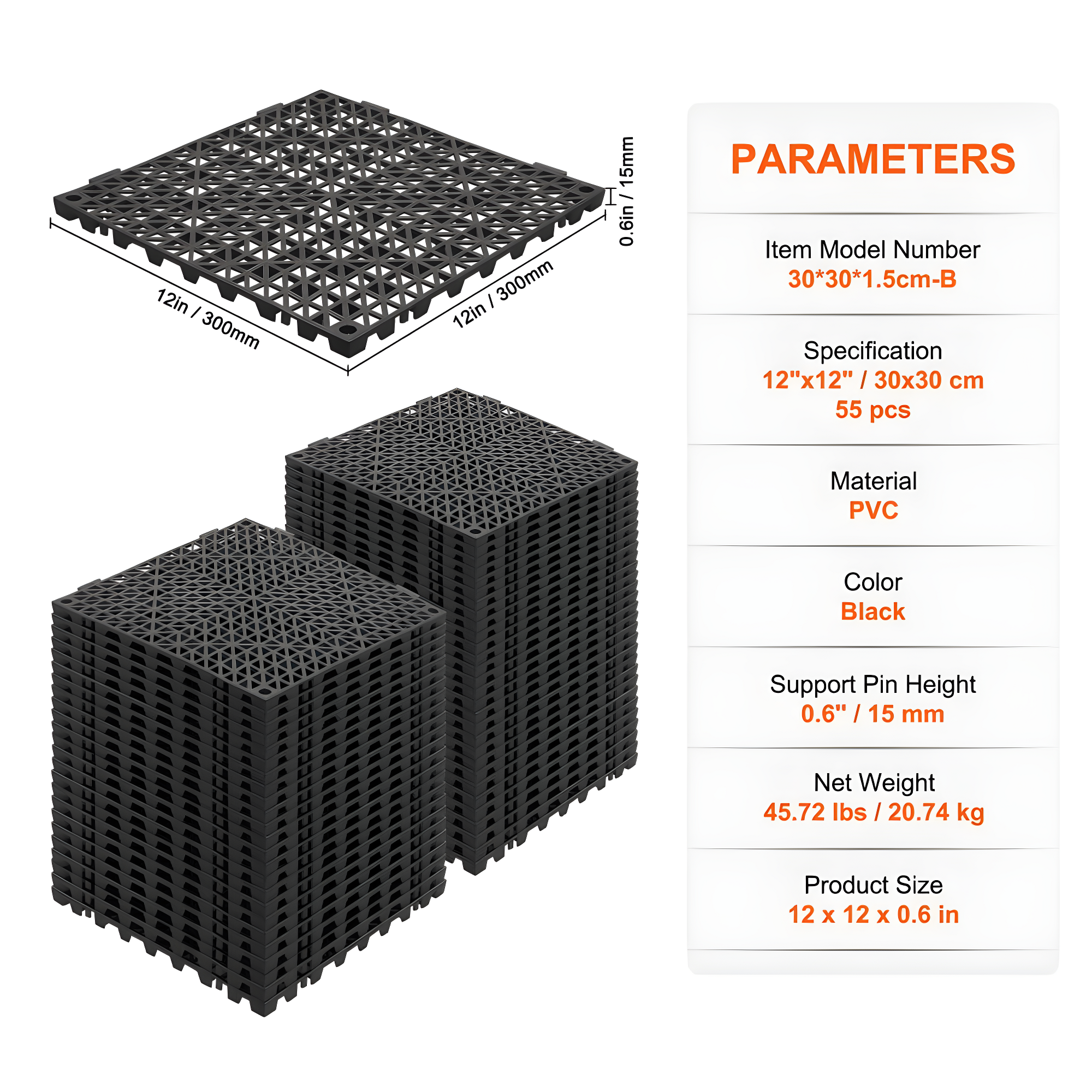 VEVOR VEVOR 12" X 12" Drainage Mats In Different Colors VEVOR 12'' W x 12'' L Garage Flooring Drain Tiles (Set of 55)