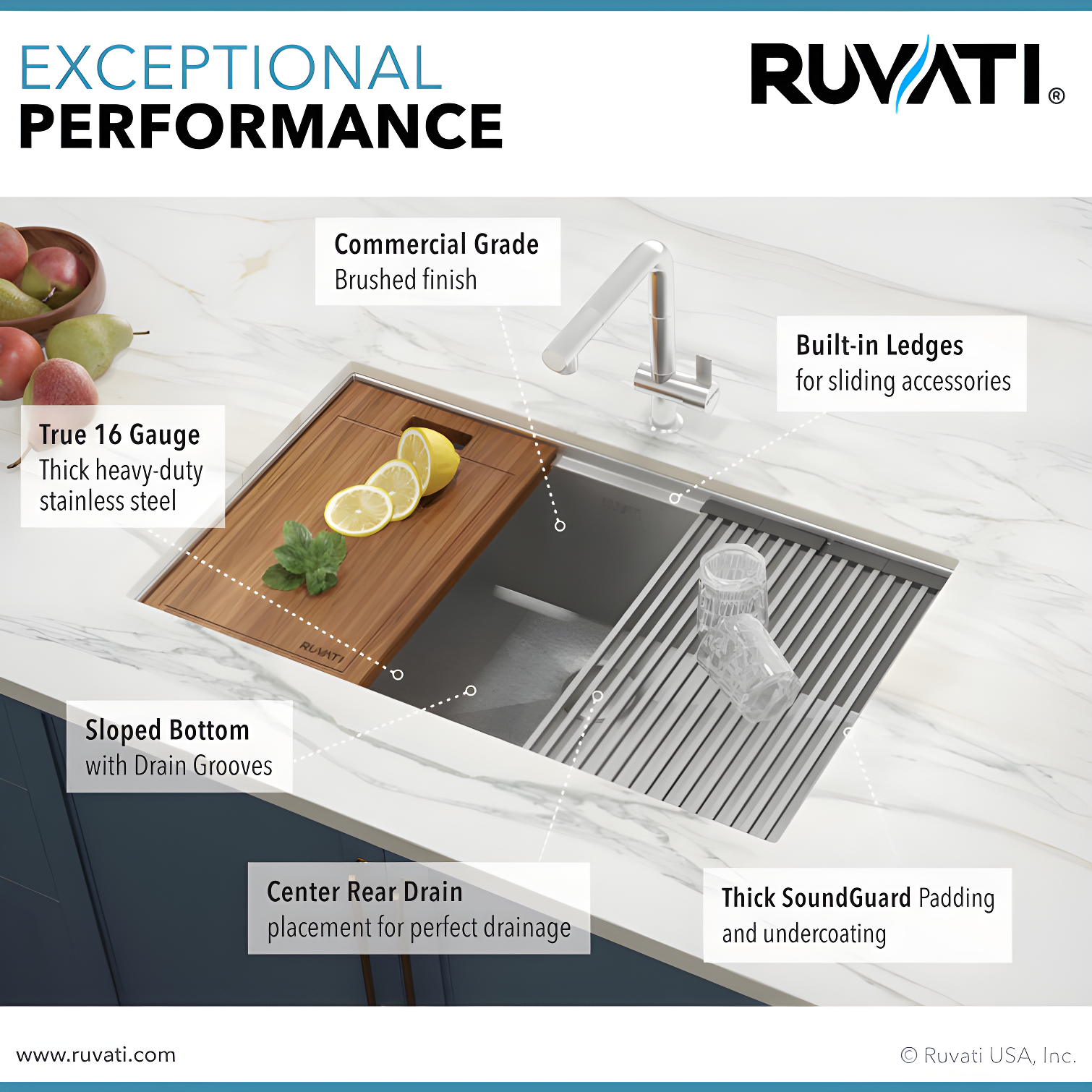 Ruvati RVH8303 Ruvati Workstation Undermount 16 Gauge Stainless Steel Kitchen Sink Single Bowl