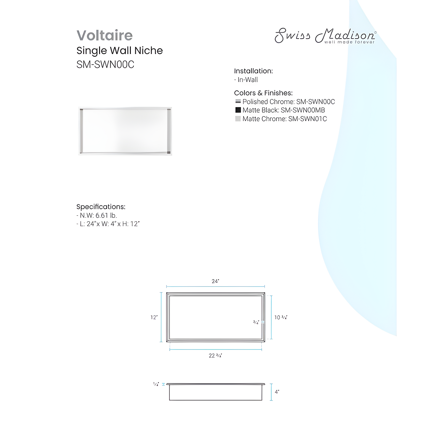 Voltaire 12" x 24" Stainless Steel Single Shelf Wall Niche