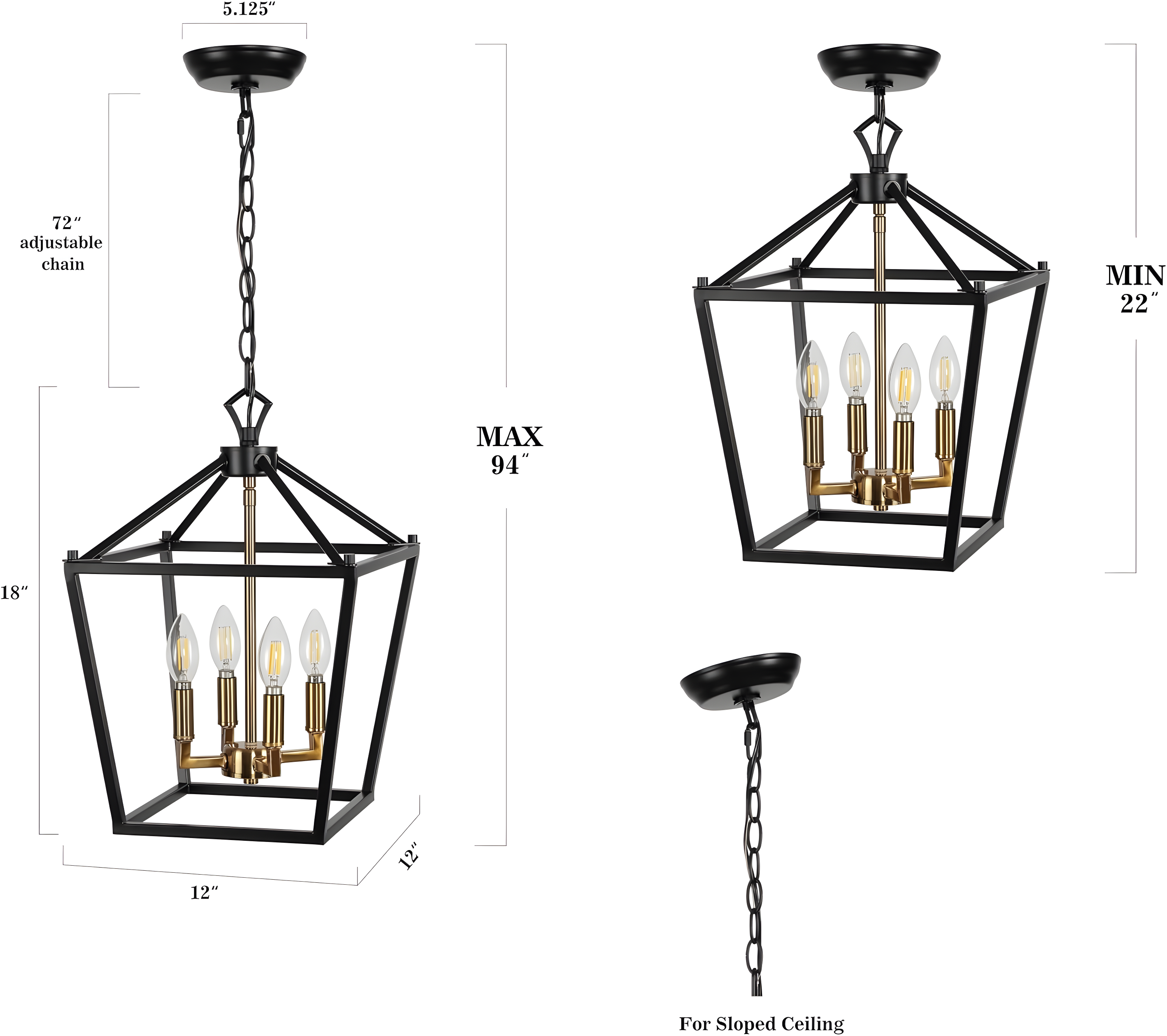Pagoda 12" 4-Bulb Lantern Metal LED Pendant, Oil Rubbed Bronze/Brass Gold