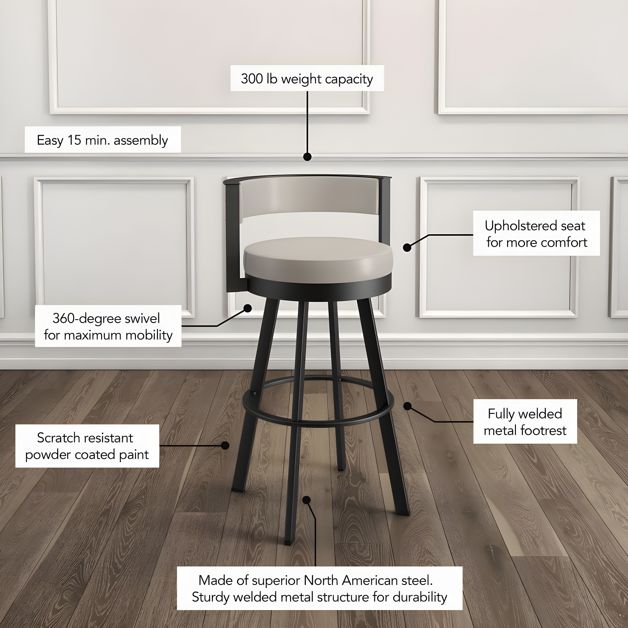 Amisco Browser Upholstered Counter Height Barstool Gray/Black: 10-Year Warranty, Steel Frame, Polyester