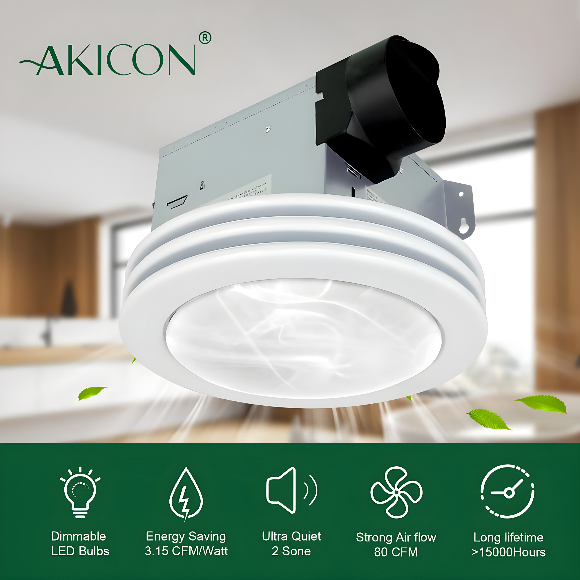 Akicon AK1480-SW 80 CFM Bathroom Fan with LED Light Round Ceiling Exhaust Ventilation Fan