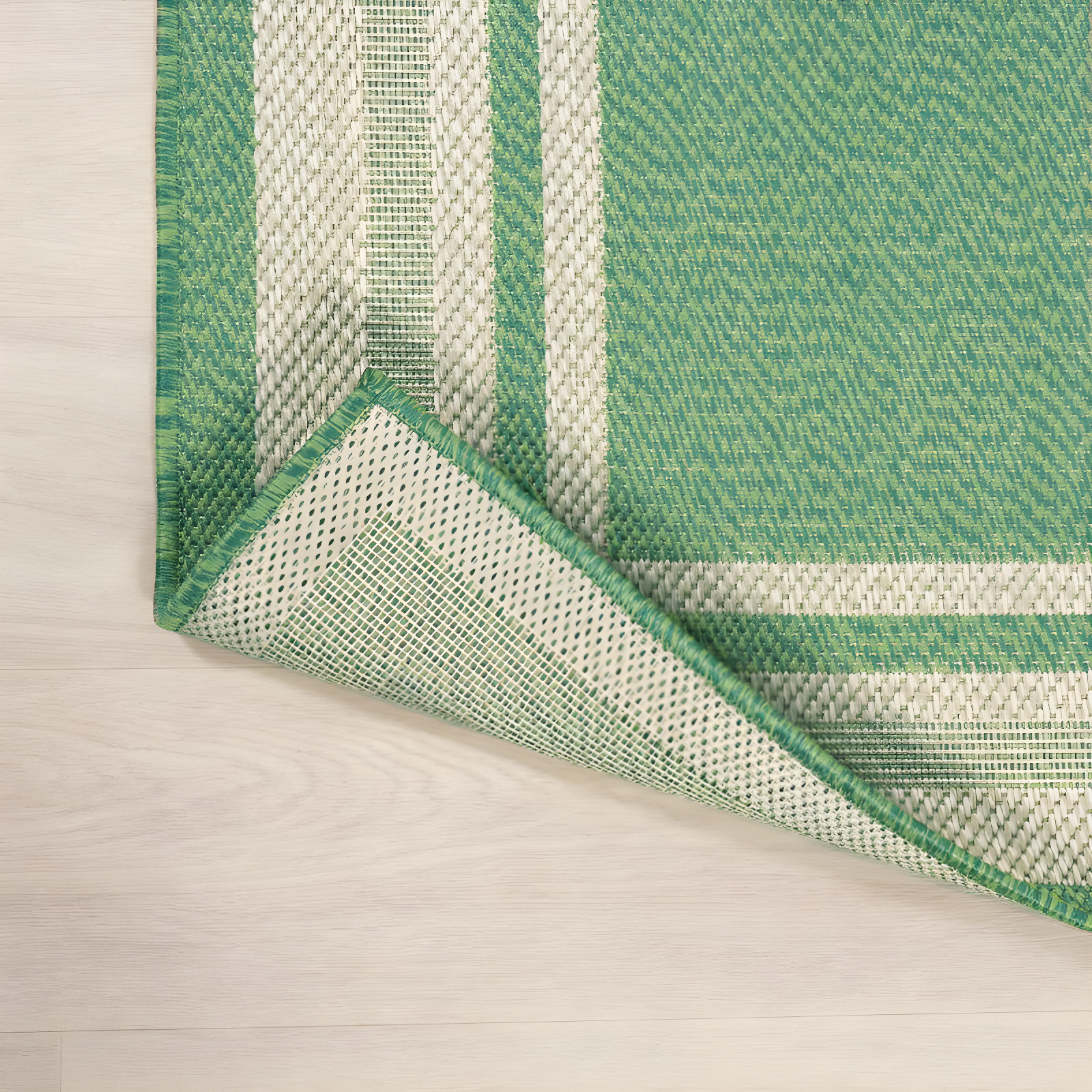 2' x 8' James Modern Border Stripe Indoor/Outdoor Runner Rug, Green/Cream - JONATHAN Y