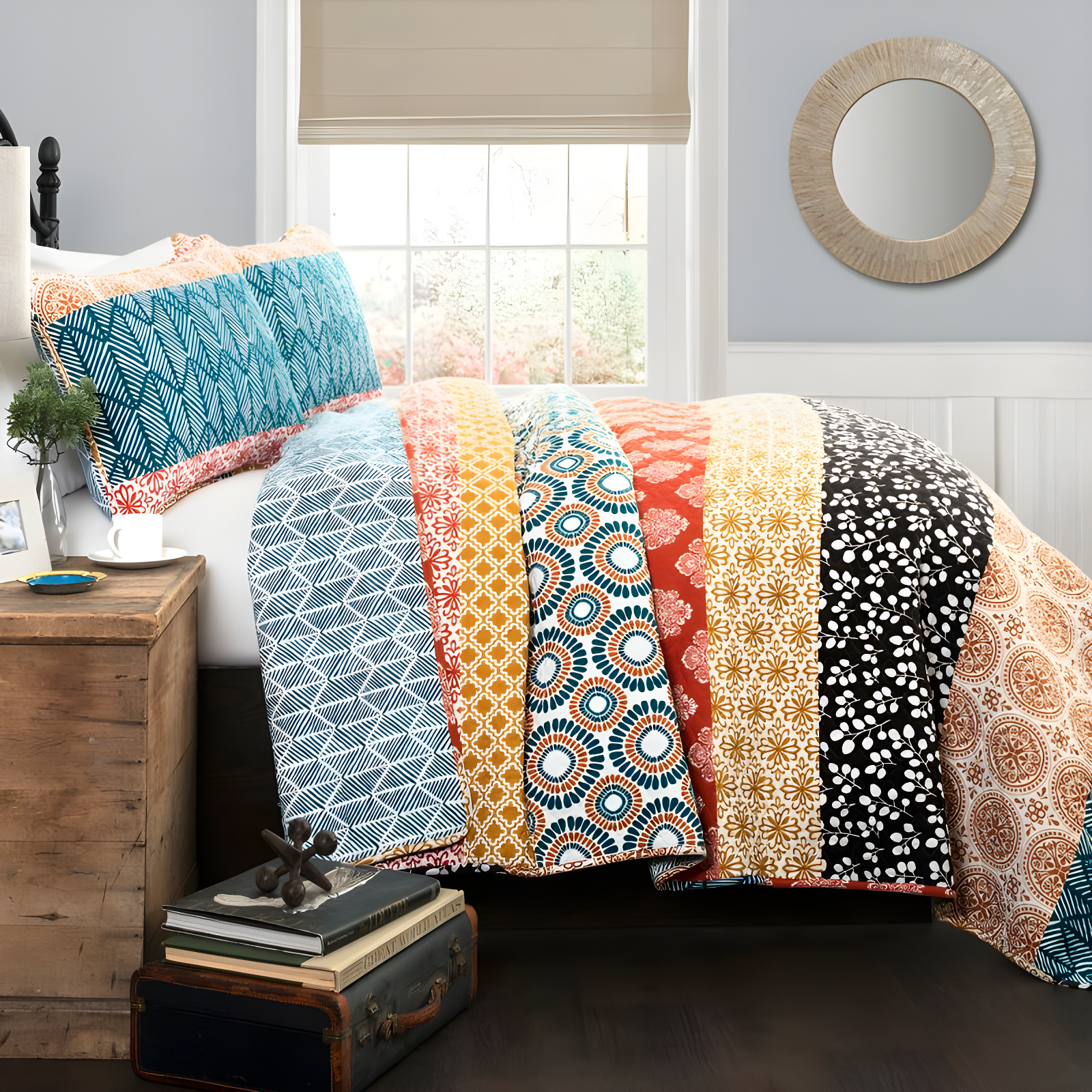 Bohemian 100% Cotton Reversible 3-Piece Quilt Set
