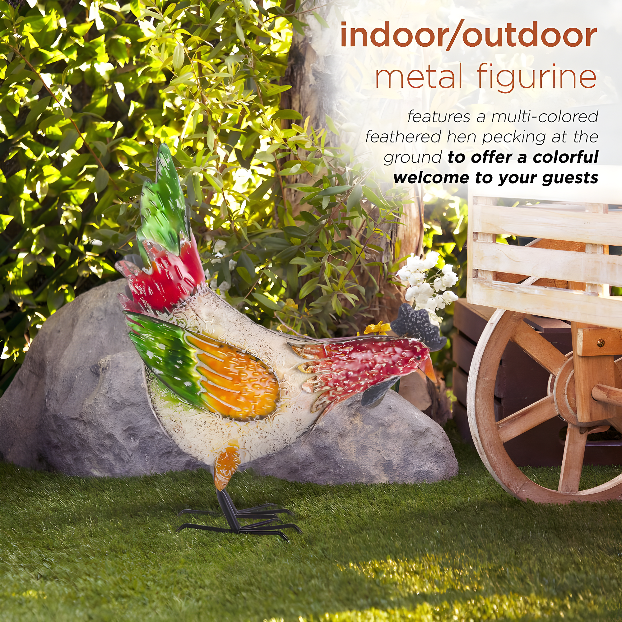 21" Multicolor Metal Pecking Hen Lawn Decoration