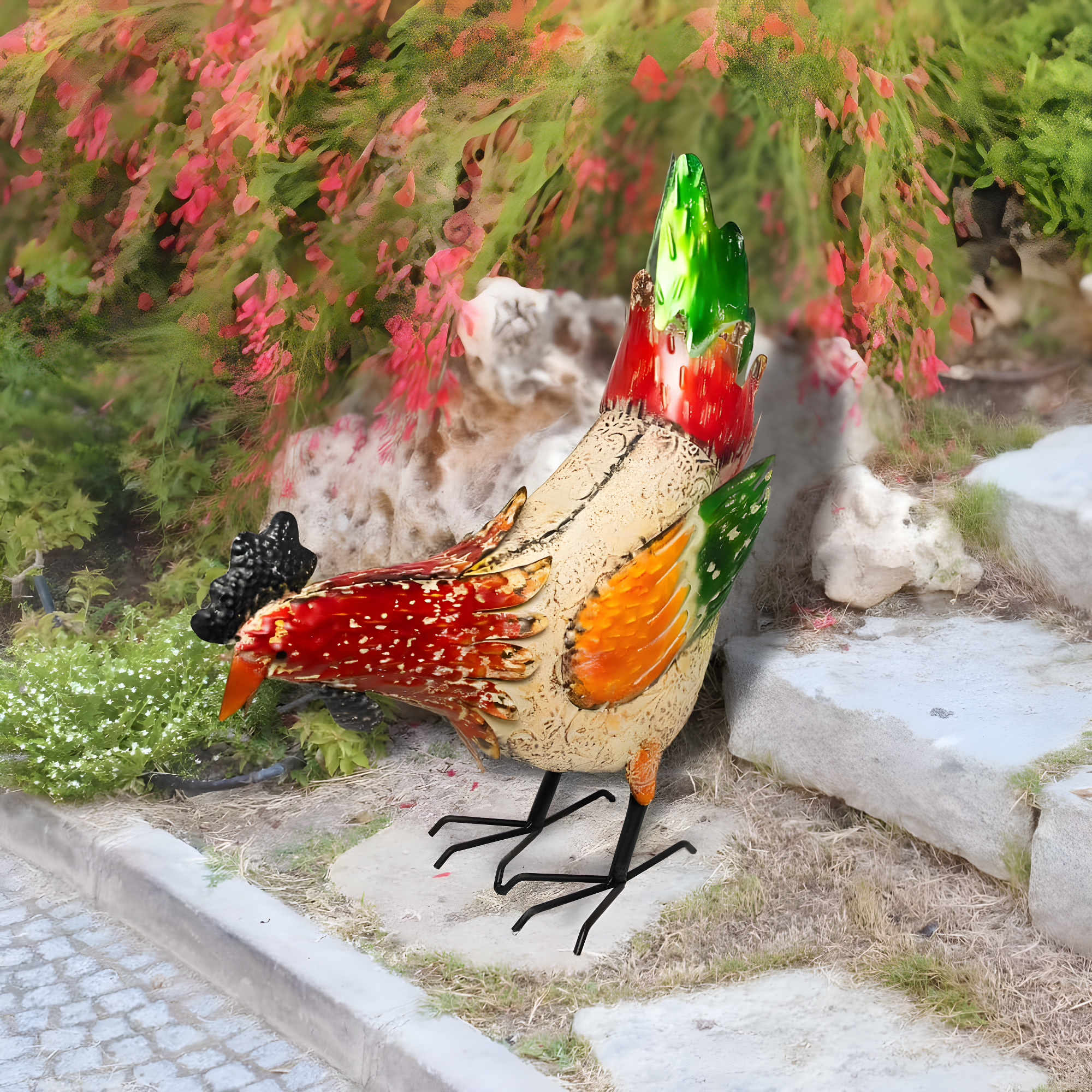 21" Multicolor Metal Pecking Hen Lawn Decoration