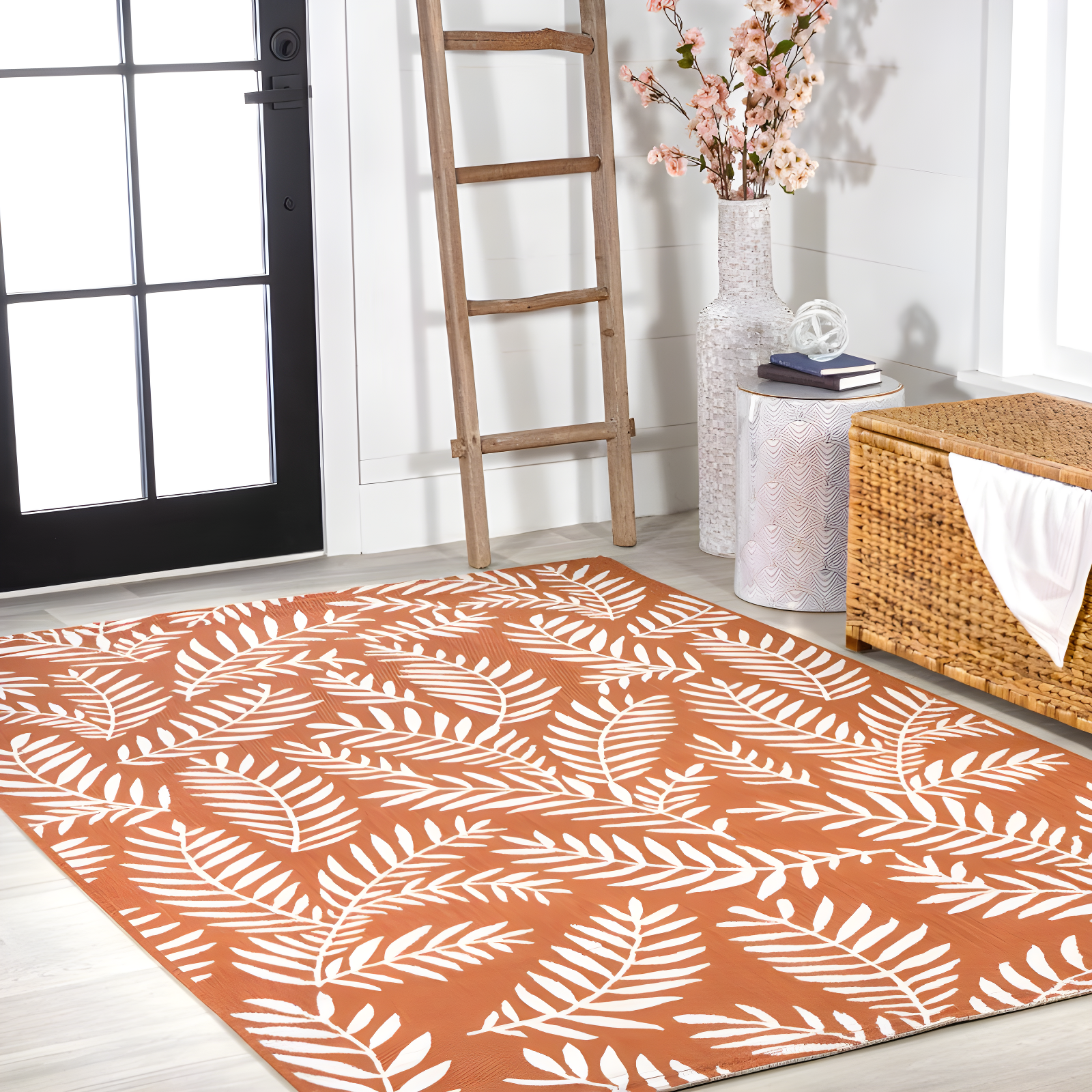 3' x 5' Nevis Palm Frond Indoor/Outdoor Area Rug, Orange/Cream - JONATHAN Y