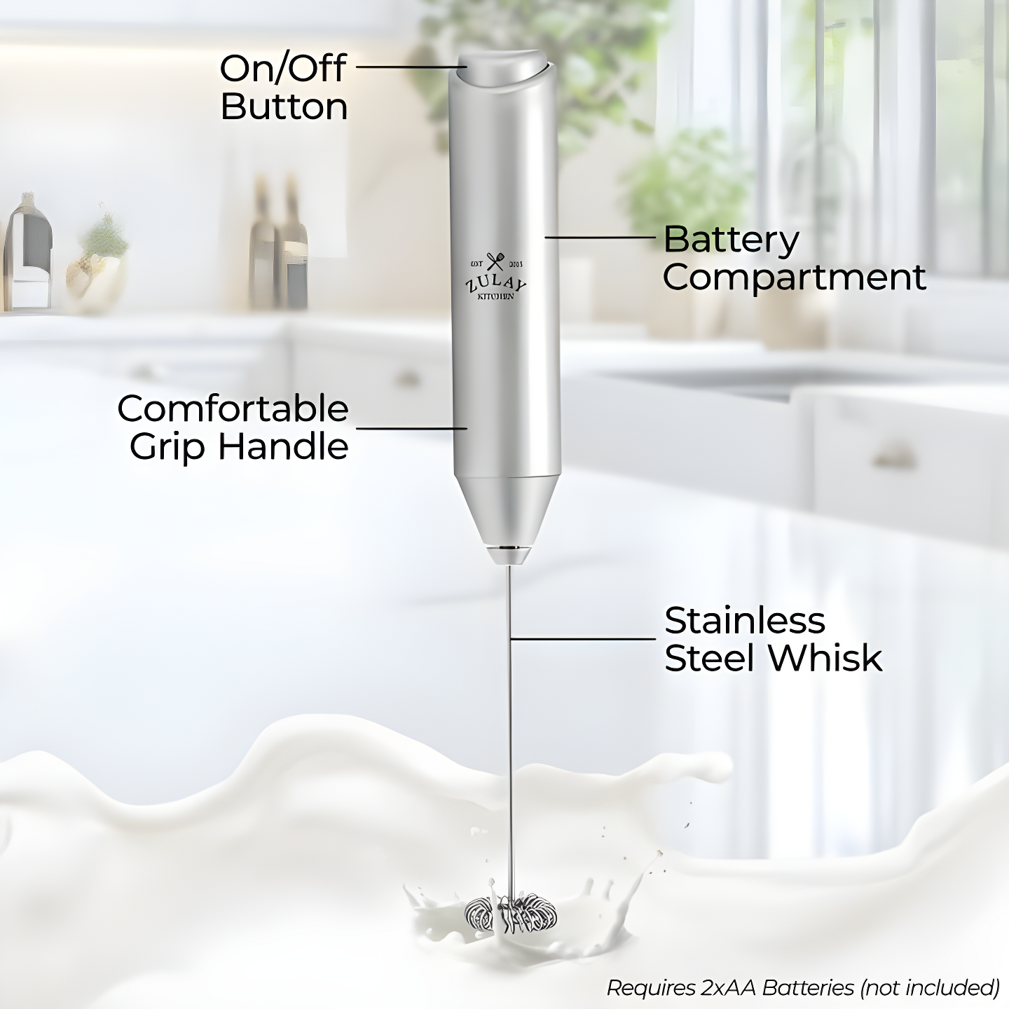 Zulay Kitchen Milk Frother for Coffee Portable & Compact Handheld Travel Milk Foamer (Silver)